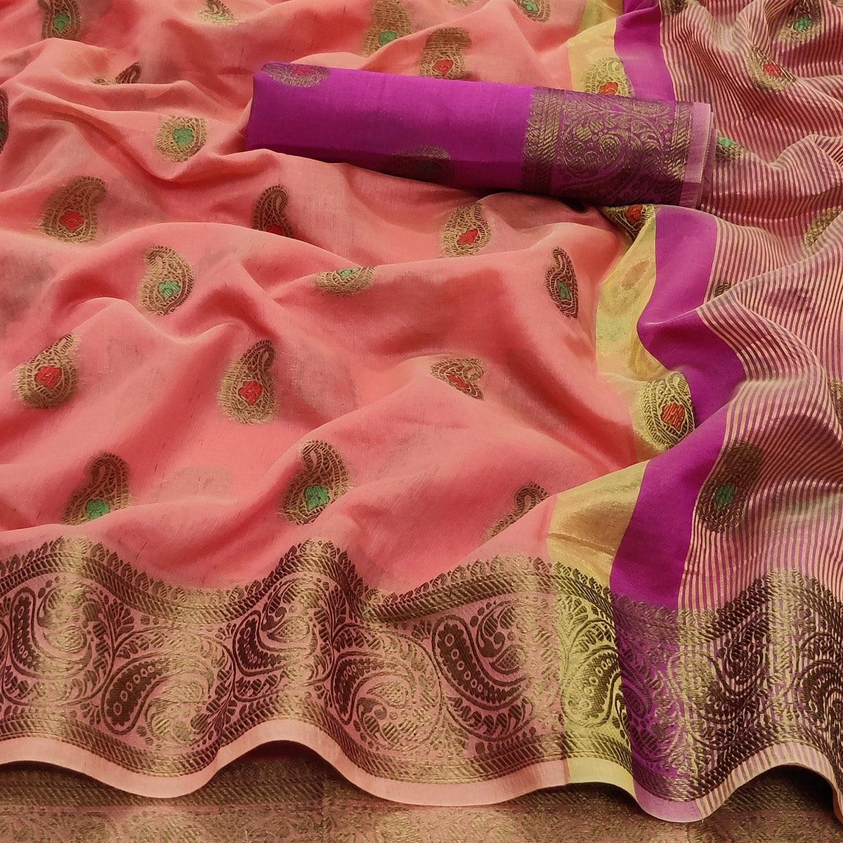 Peach Festive Wear Woven Border With Butta Work Cotton Saree - Peachmode