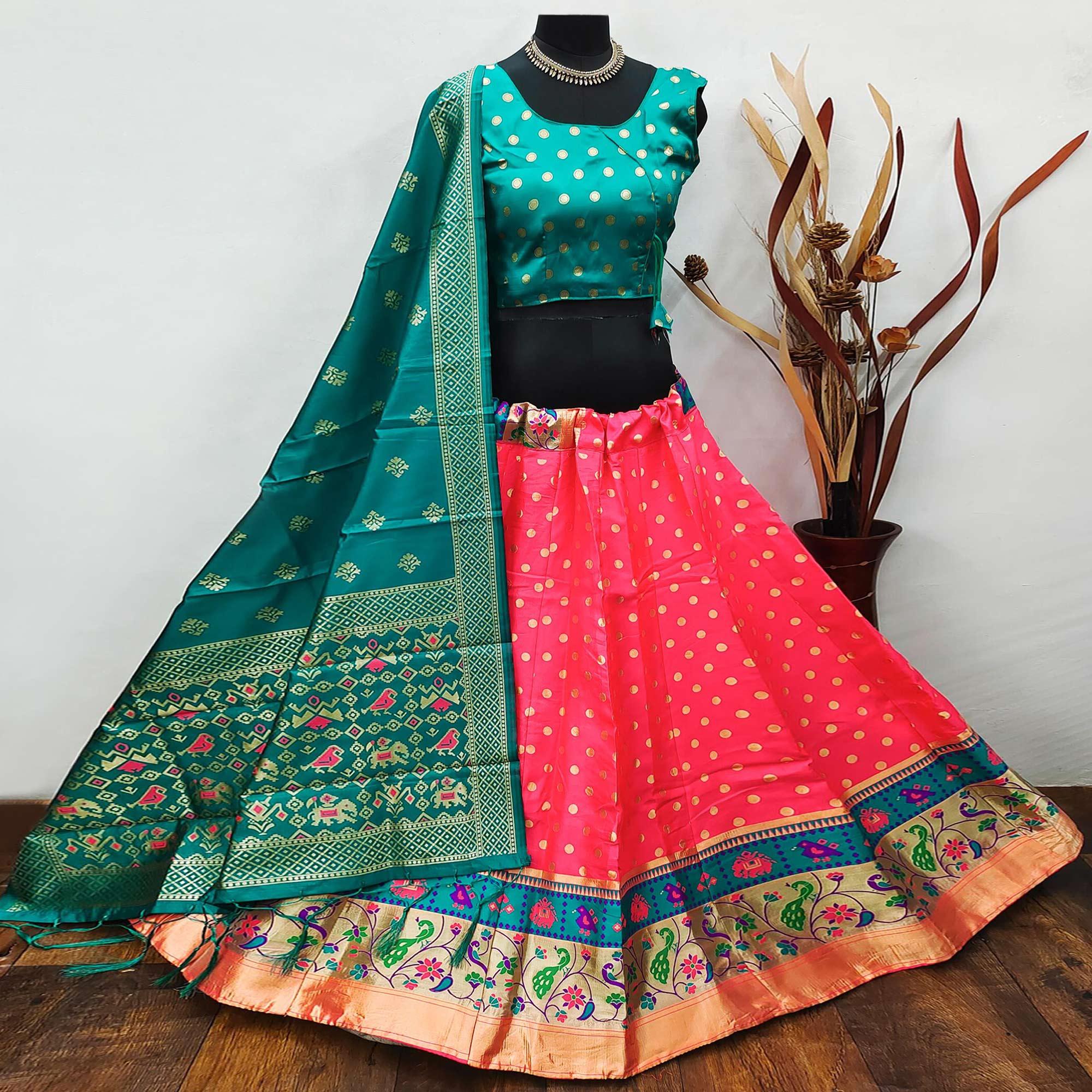 Peach Festive Wear Woven Brocade Lehenga Choli - Peachmode