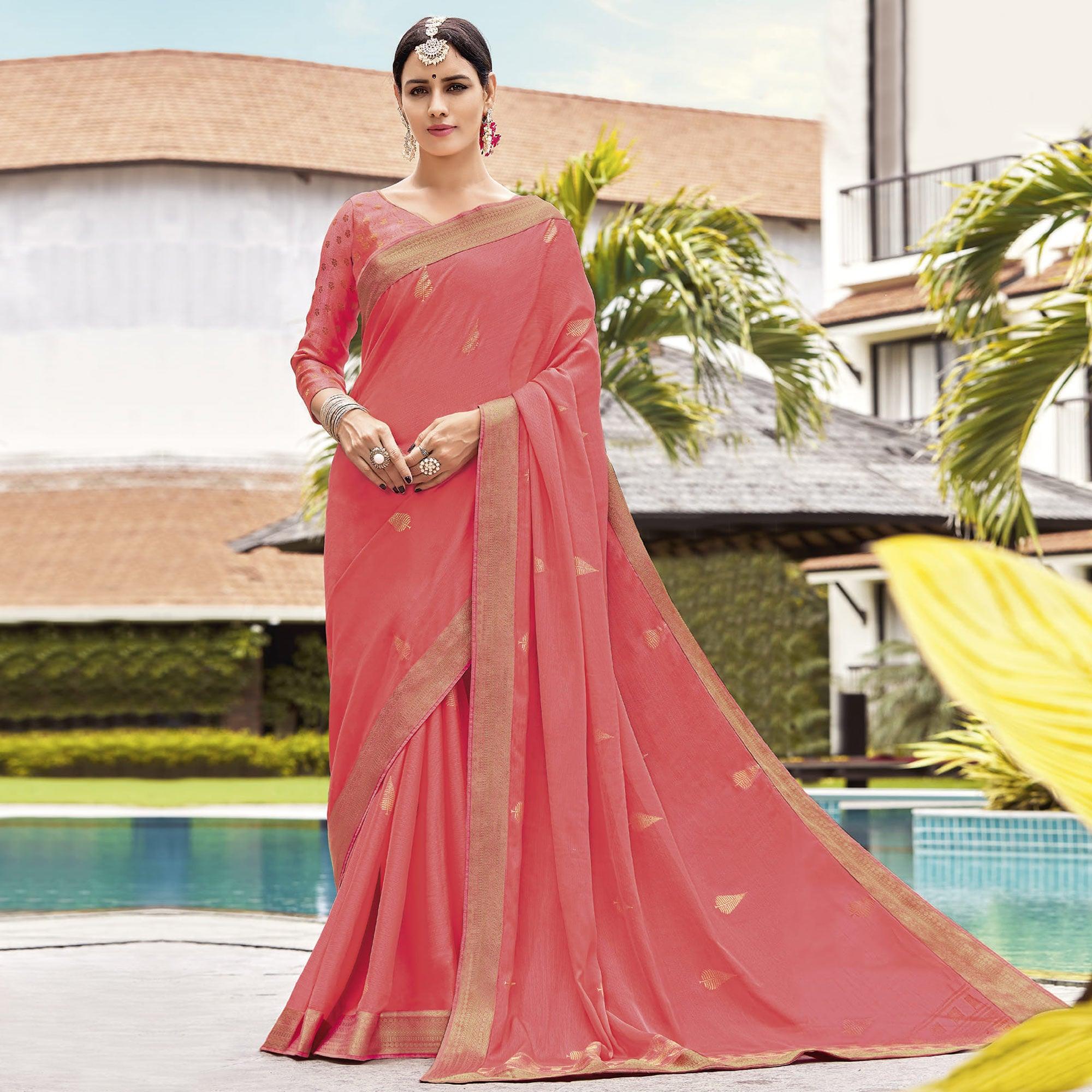 Peach Festive Wear Woven Chiffon Saree - Peachmode