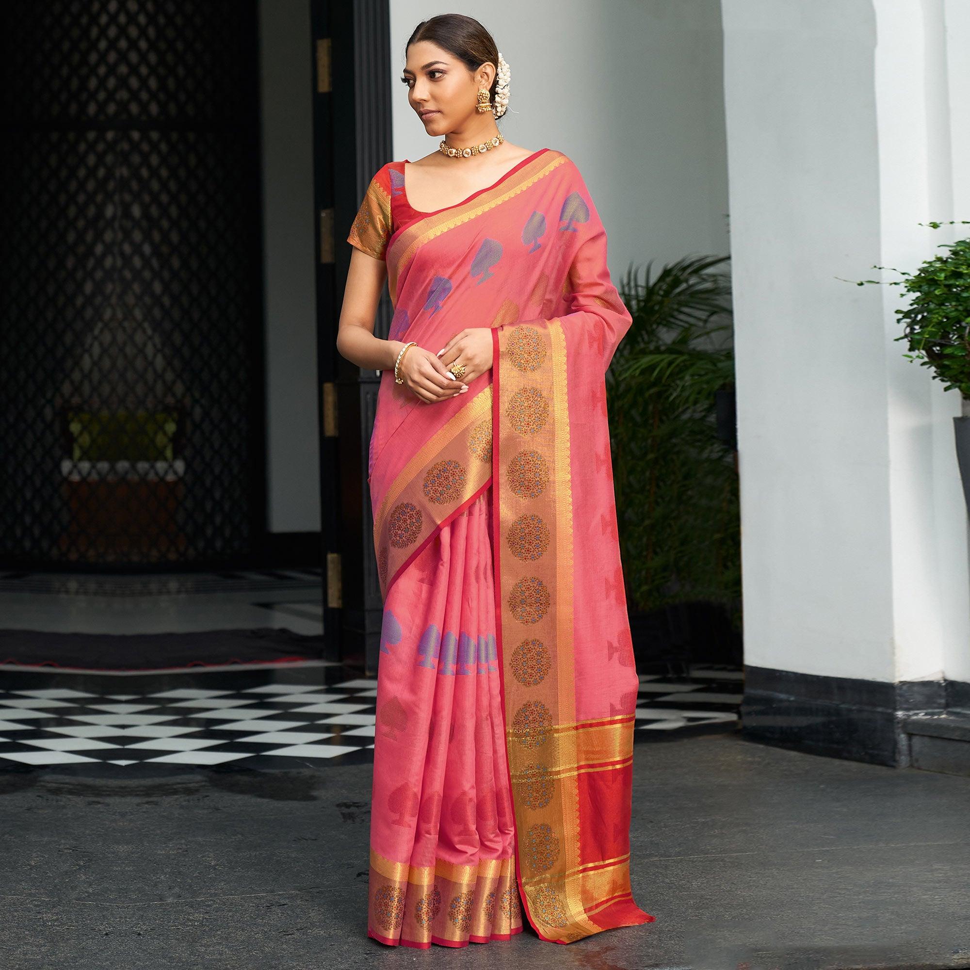 Peach Festive Wear Woven Cotton Handloom Saree - Peachmode