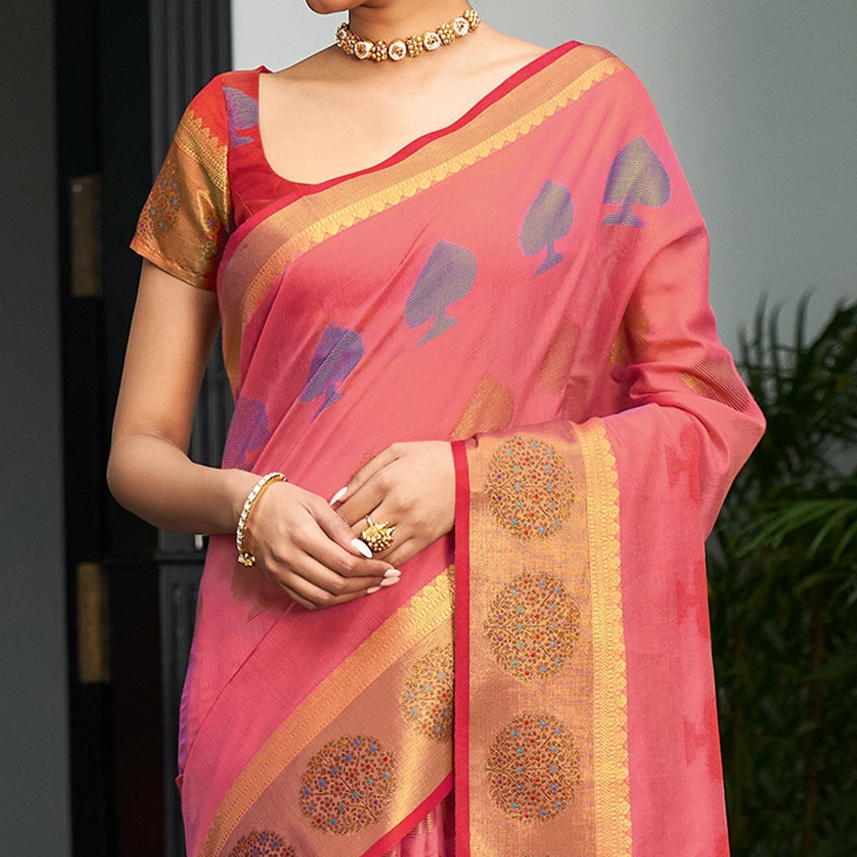 Peach Festive Wear Woven Cotton Handloom Saree - Peachmode