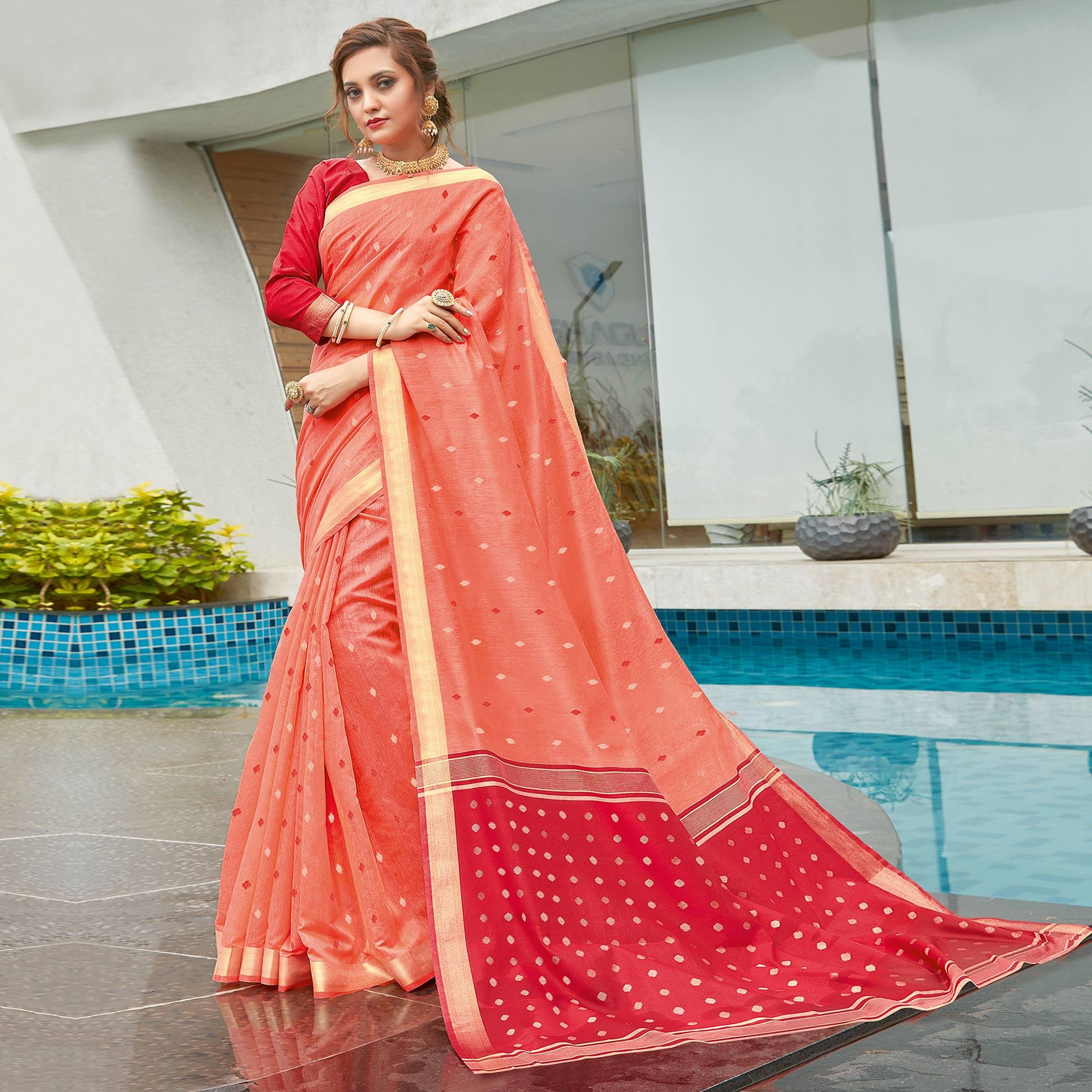 Peach Festive Wear Woven Cotton Saree - Peachmode