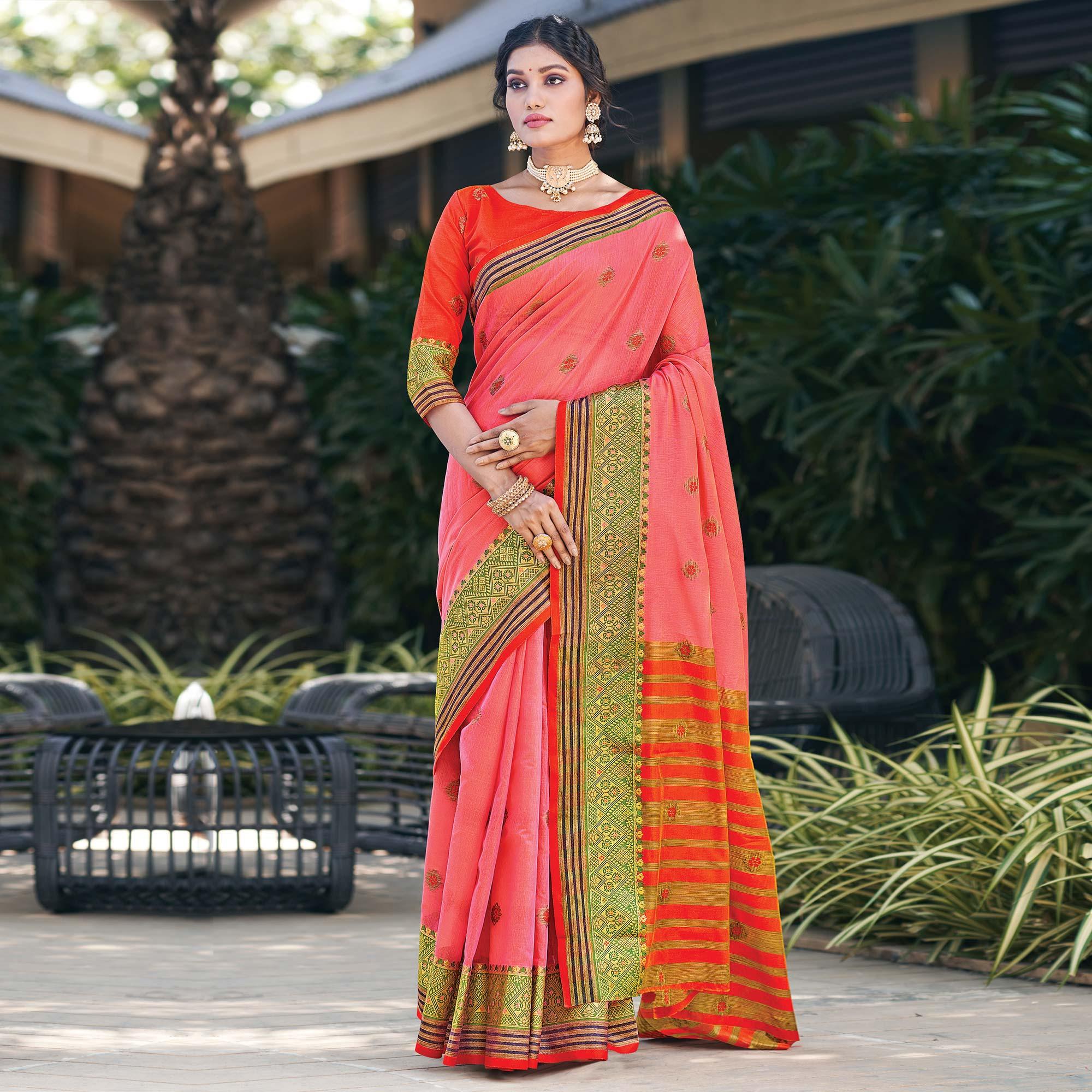 Peach Festive Wear Woven Cotton Saree - Peachmode
