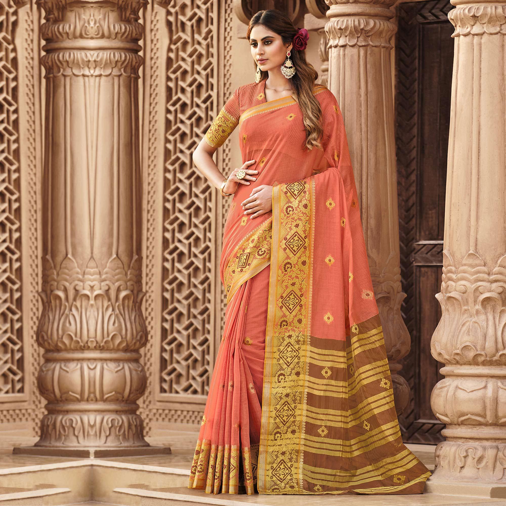 Peach Festive Wear Woven Cotton Saree - Peachmode