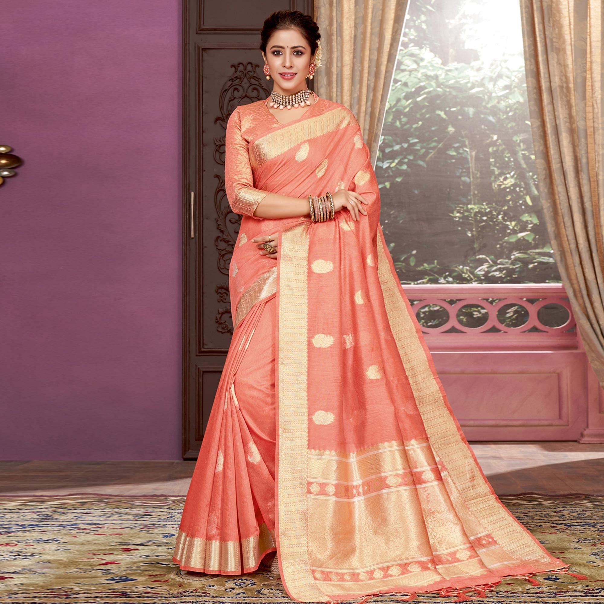 Peach Festive Wear Woven Cotton Saree - Peachmode