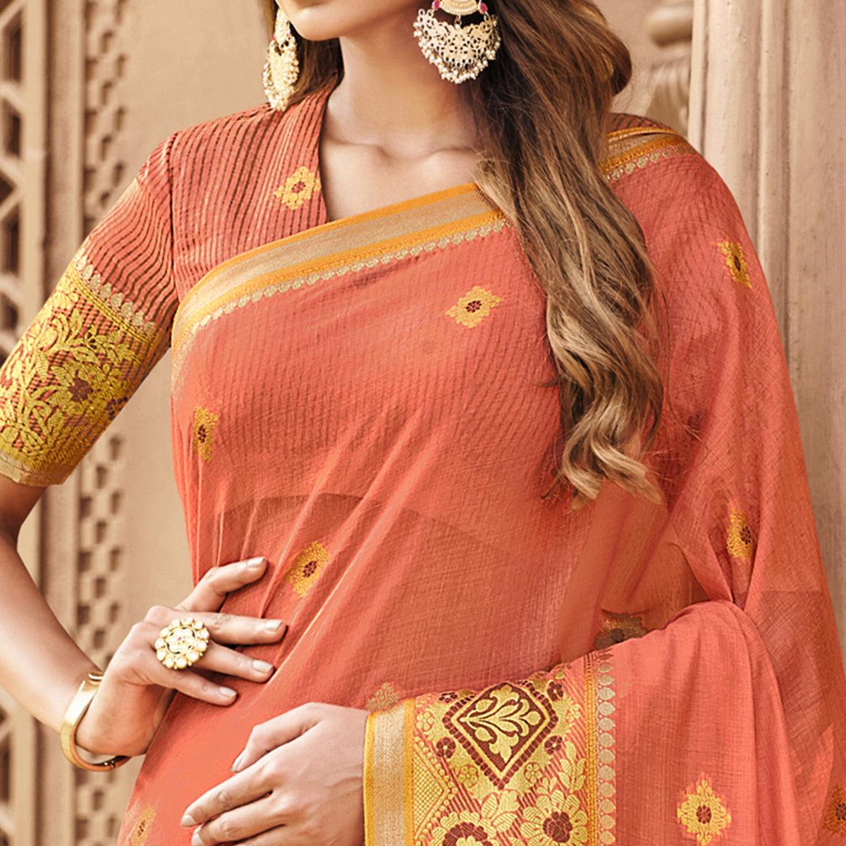 Peach Festive Wear Woven Cotton Saree - Peachmode