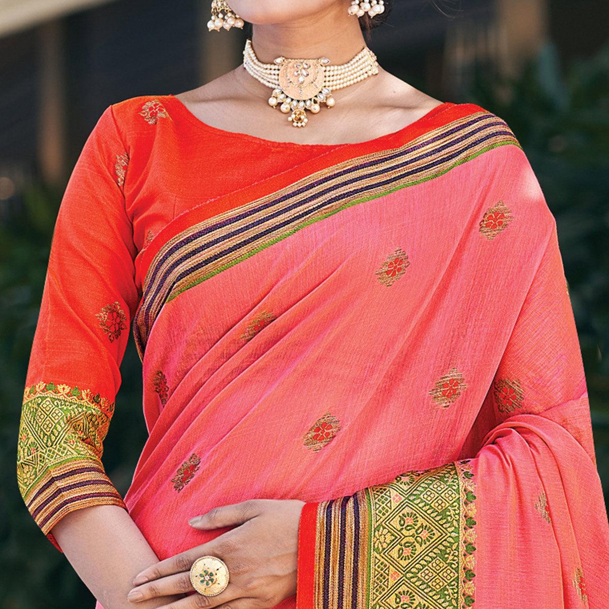 Peach Festive Wear Woven Cotton Saree - Peachmode