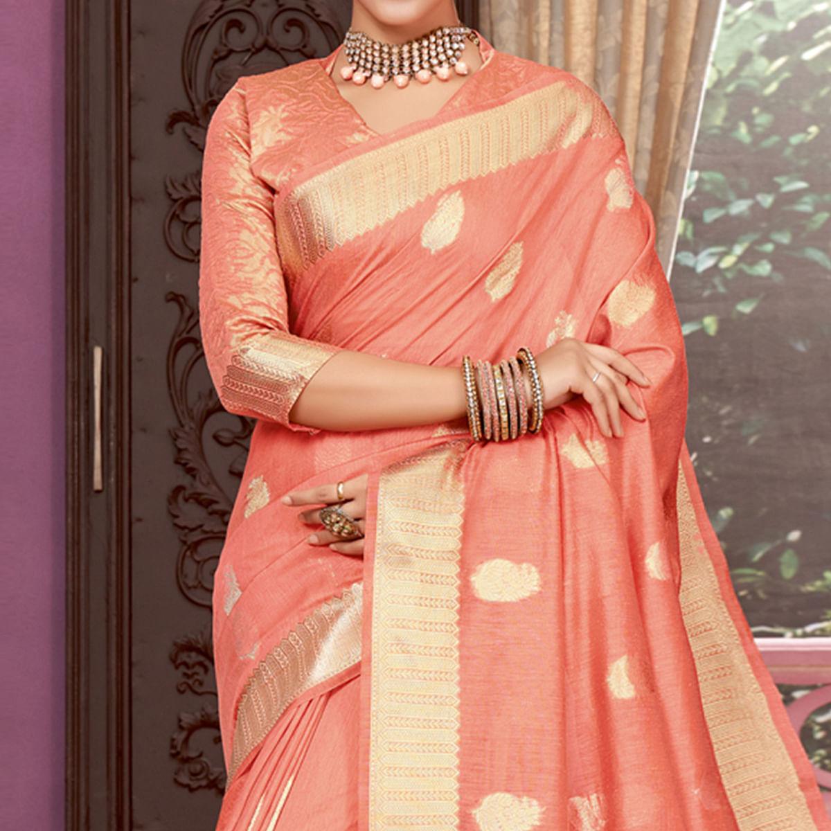 Peach Festive Wear Woven Cotton Saree - Peachmode
