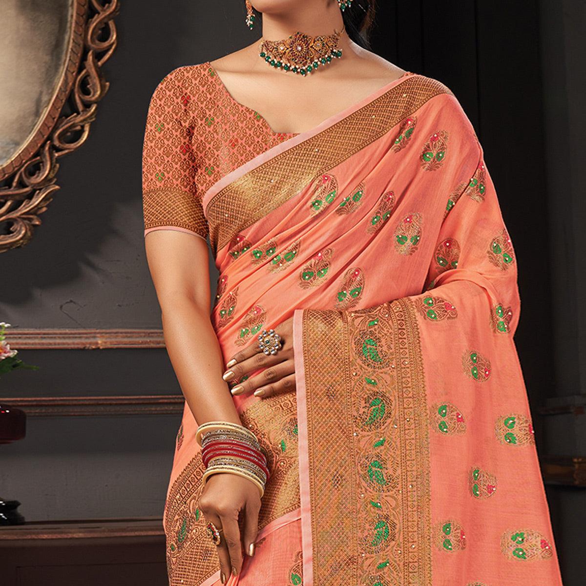 Peach Festive Wear Woven Cotton Saree - Peachmode