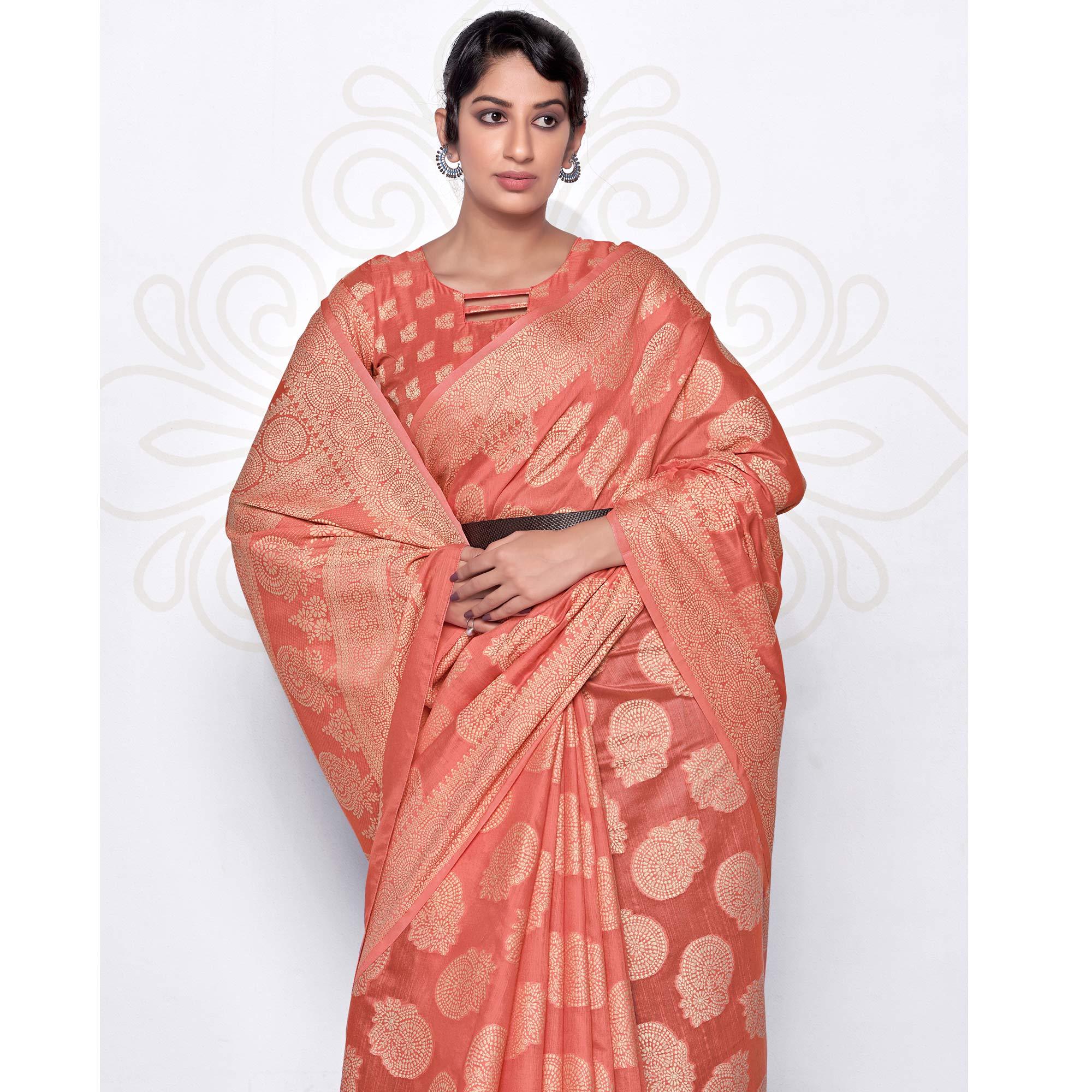 Peach Festive Wear Woven Cotton Saree - Peachmode