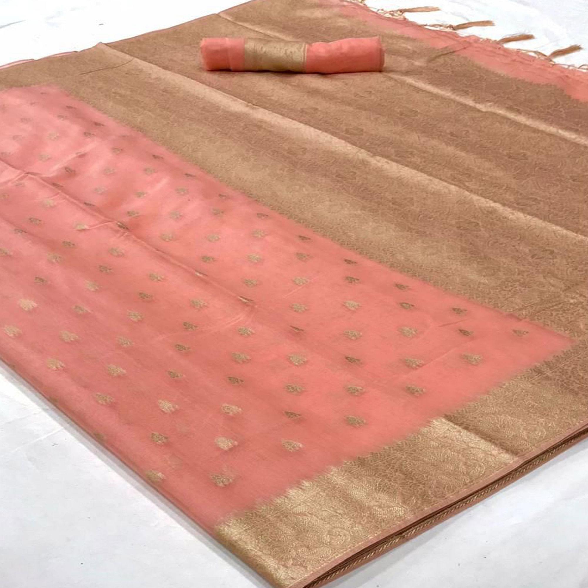Peach Festive Wear Woven Cotton Saree - Peachmode
