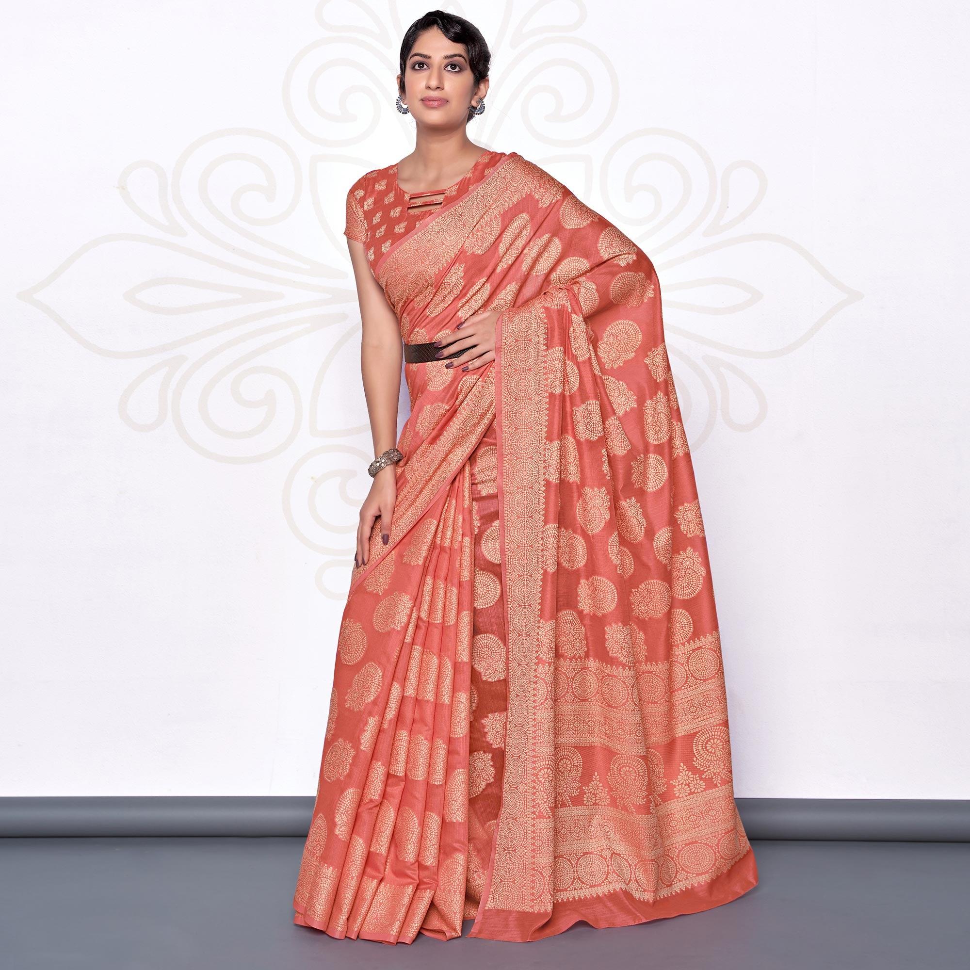 Peach Festive Wear Woven Cotton Saree - Peachmode