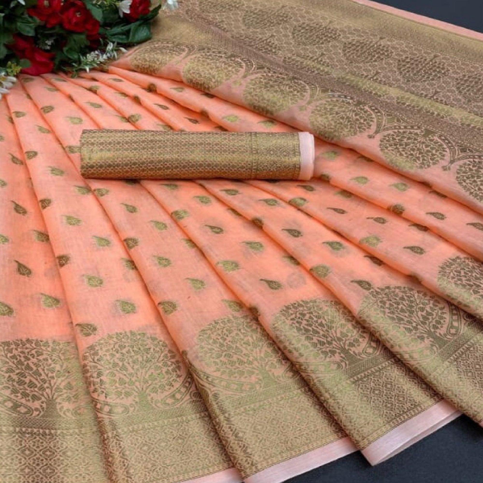 Peach Festive Wear Woven Cotton Saree With Zari Border - Peachmode