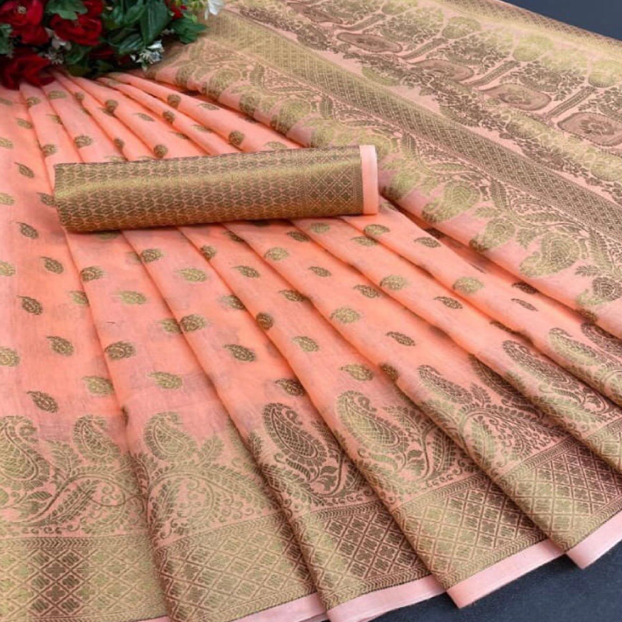 Peach Festive Wear Woven Cotton Saree With Zari Border - Peachmode