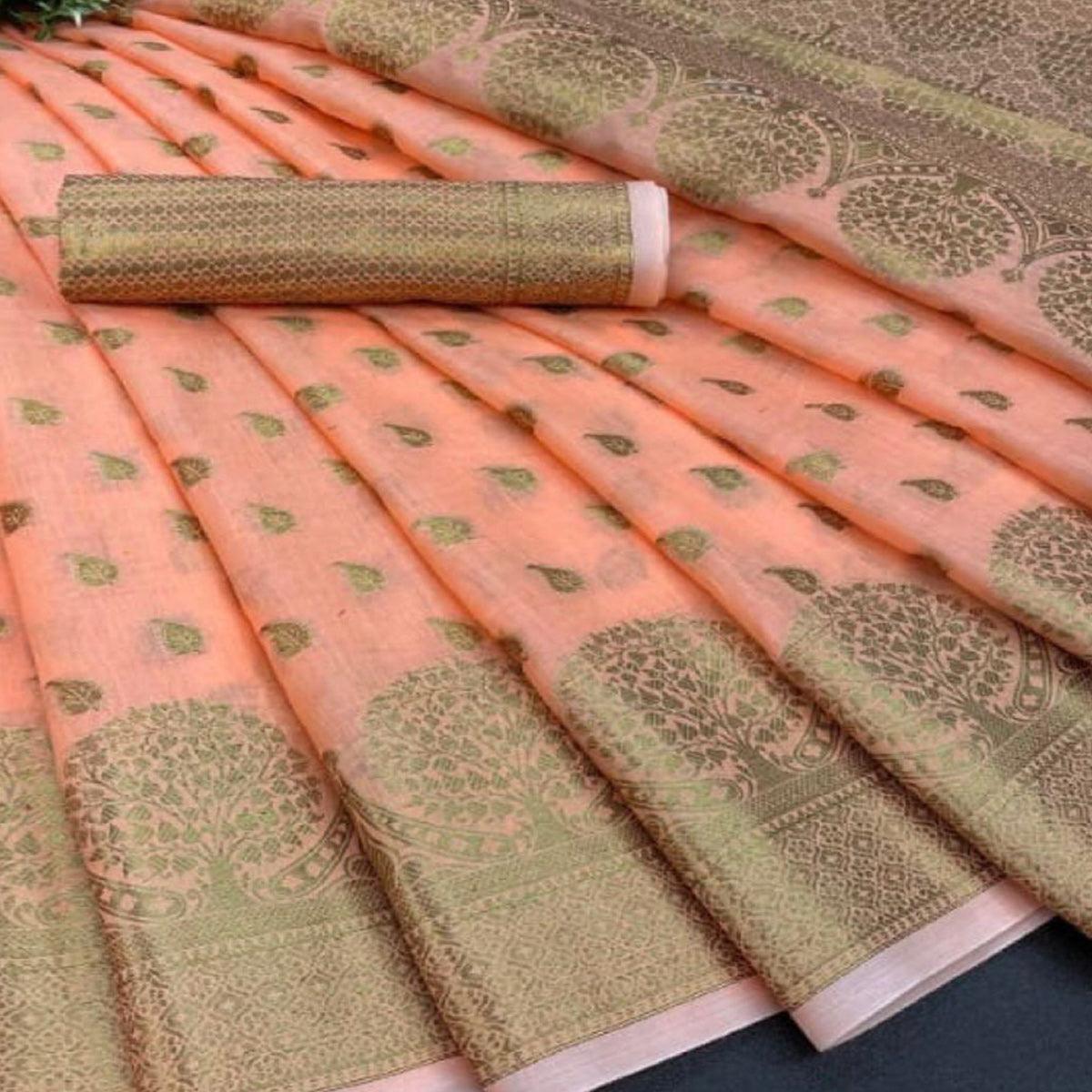 Peach Festive Wear Woven Cotton Saree With Zari Border - Peachmode