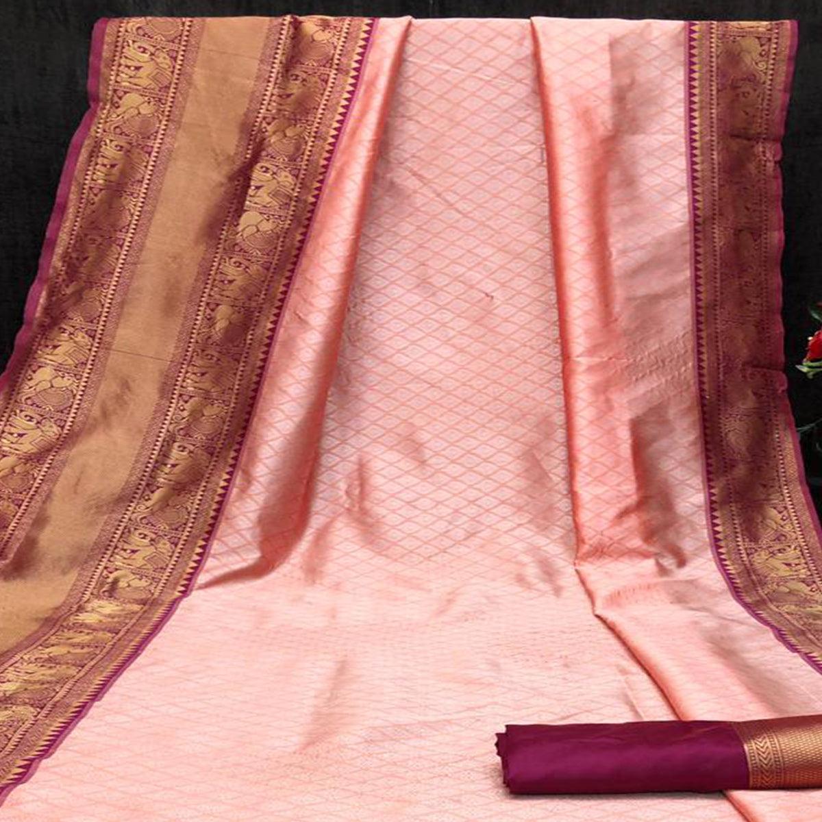 Peach Festive Wear Woven Designer Border Soft Lichi Silk Saree - Peachmode