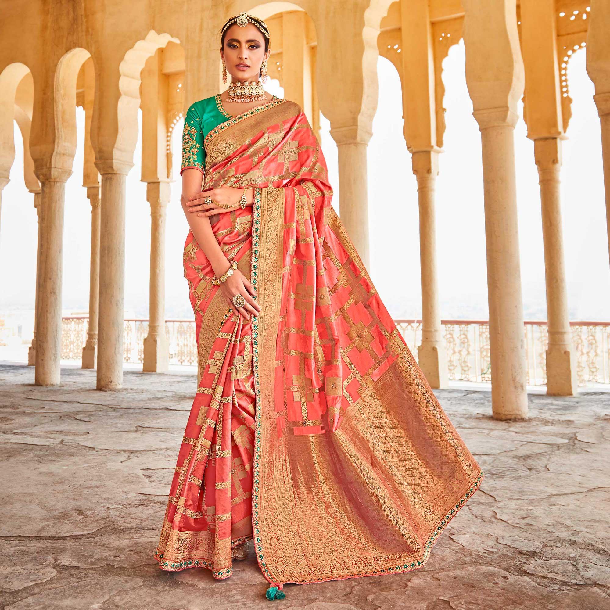 Peach Festive Wear Woven Dola Silk Saree - Peachmode