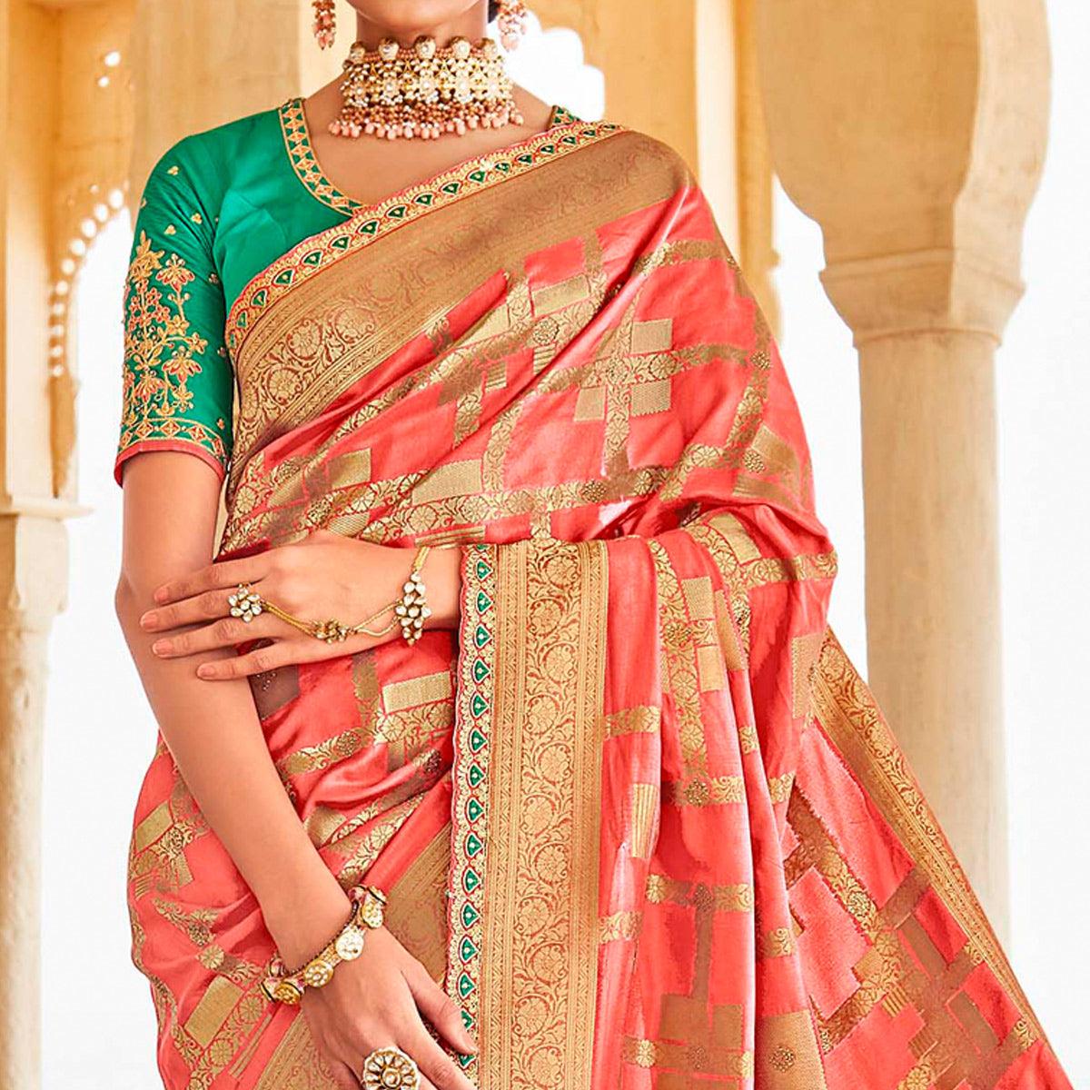 Peach Festive Wear Woven Dola Silk Saree - Peachmode