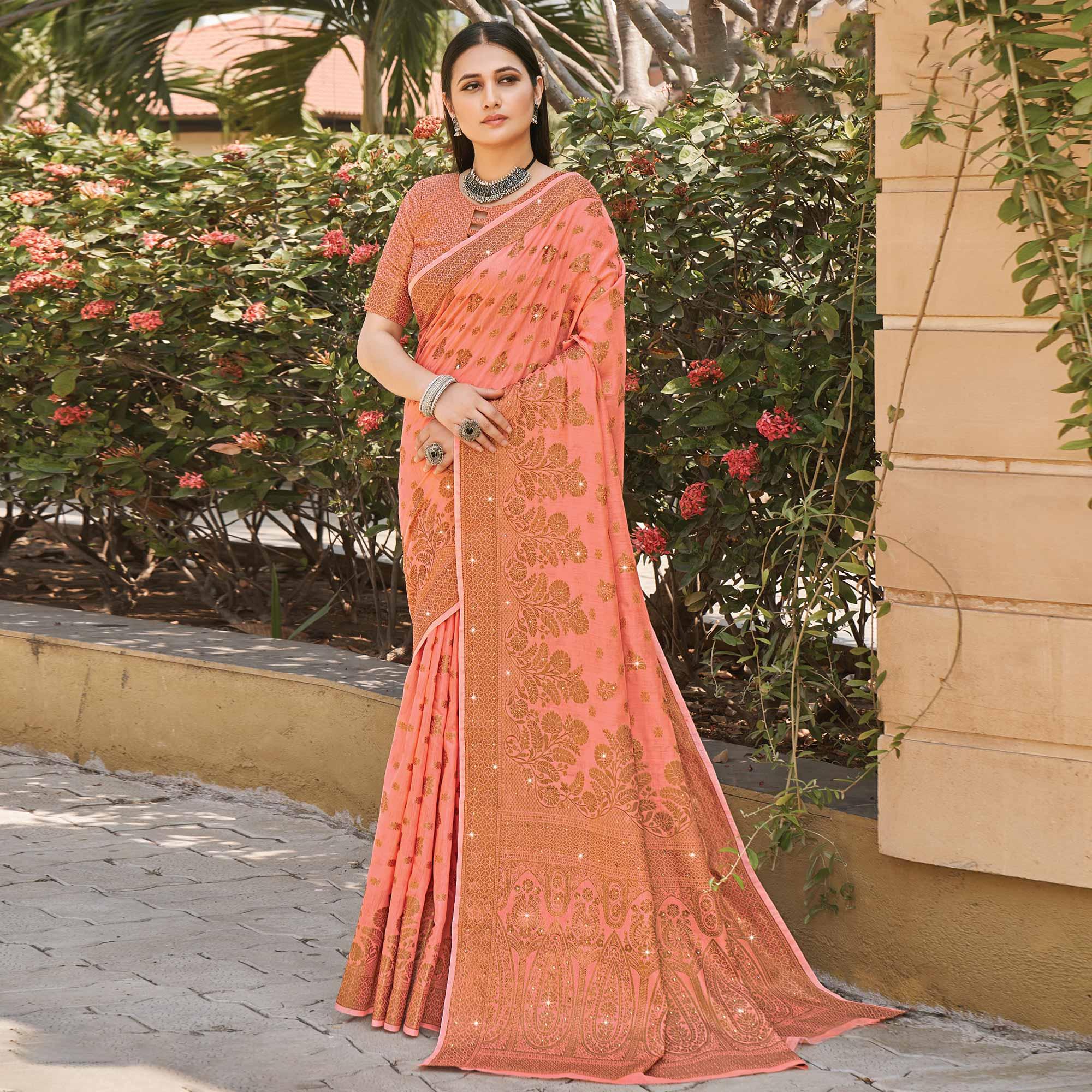 Peach Festive Wear Woven-Embellished Cotton Saree - Peachmode