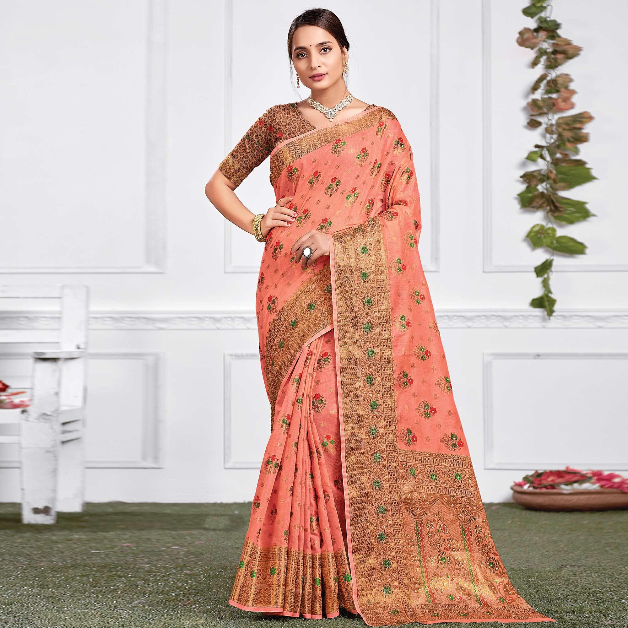 Peach Festive Wear Woven-Embellished Cotton Saree - Peachmode