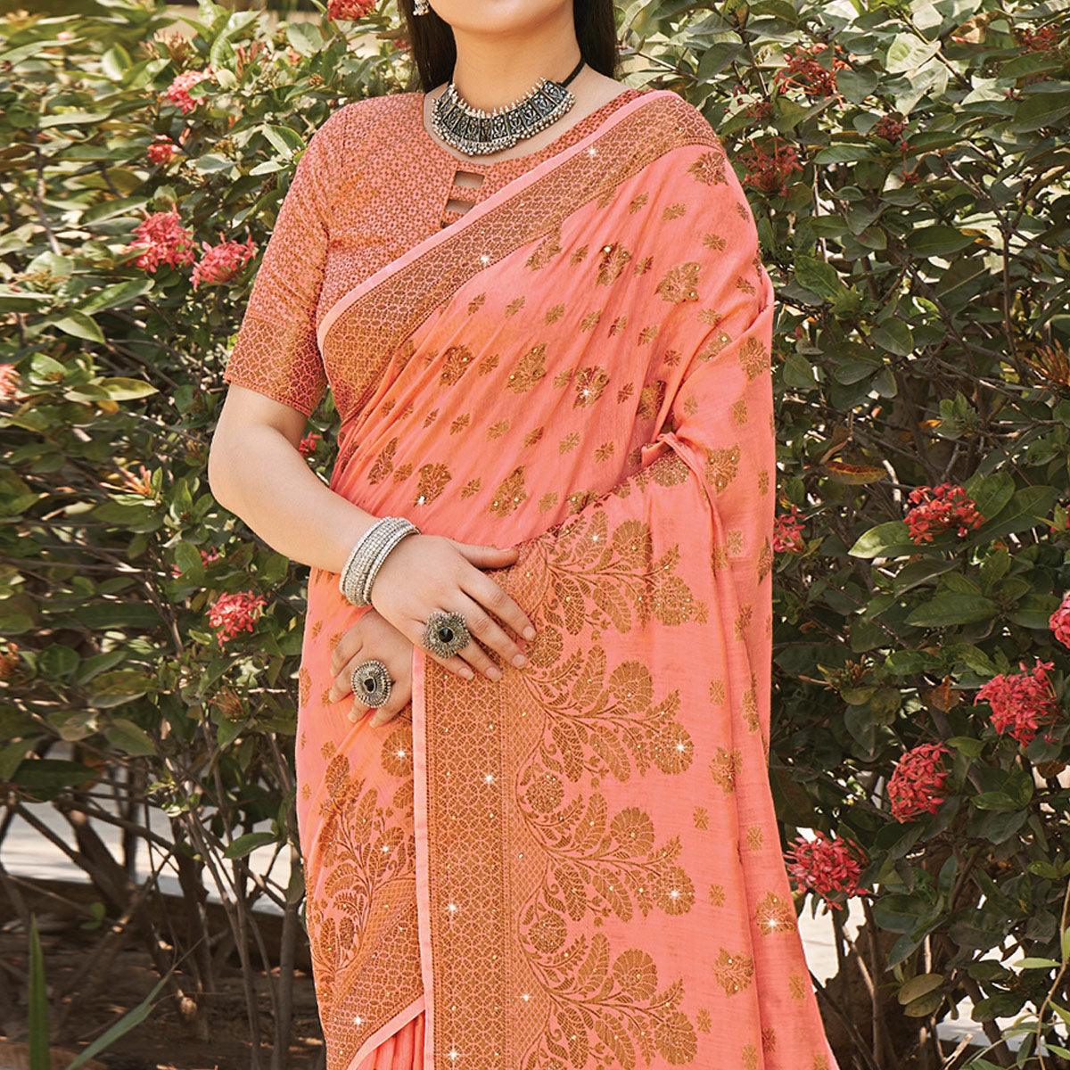 Peach Festive Wear Woven-Embellished Cotton Saree - Peachmode
