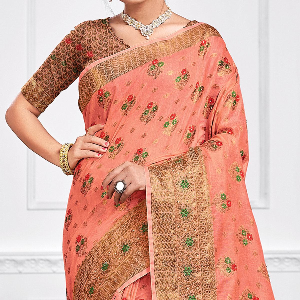 Peach Festive Wear Woven-Embellished Cotton Saree - Peachmode
