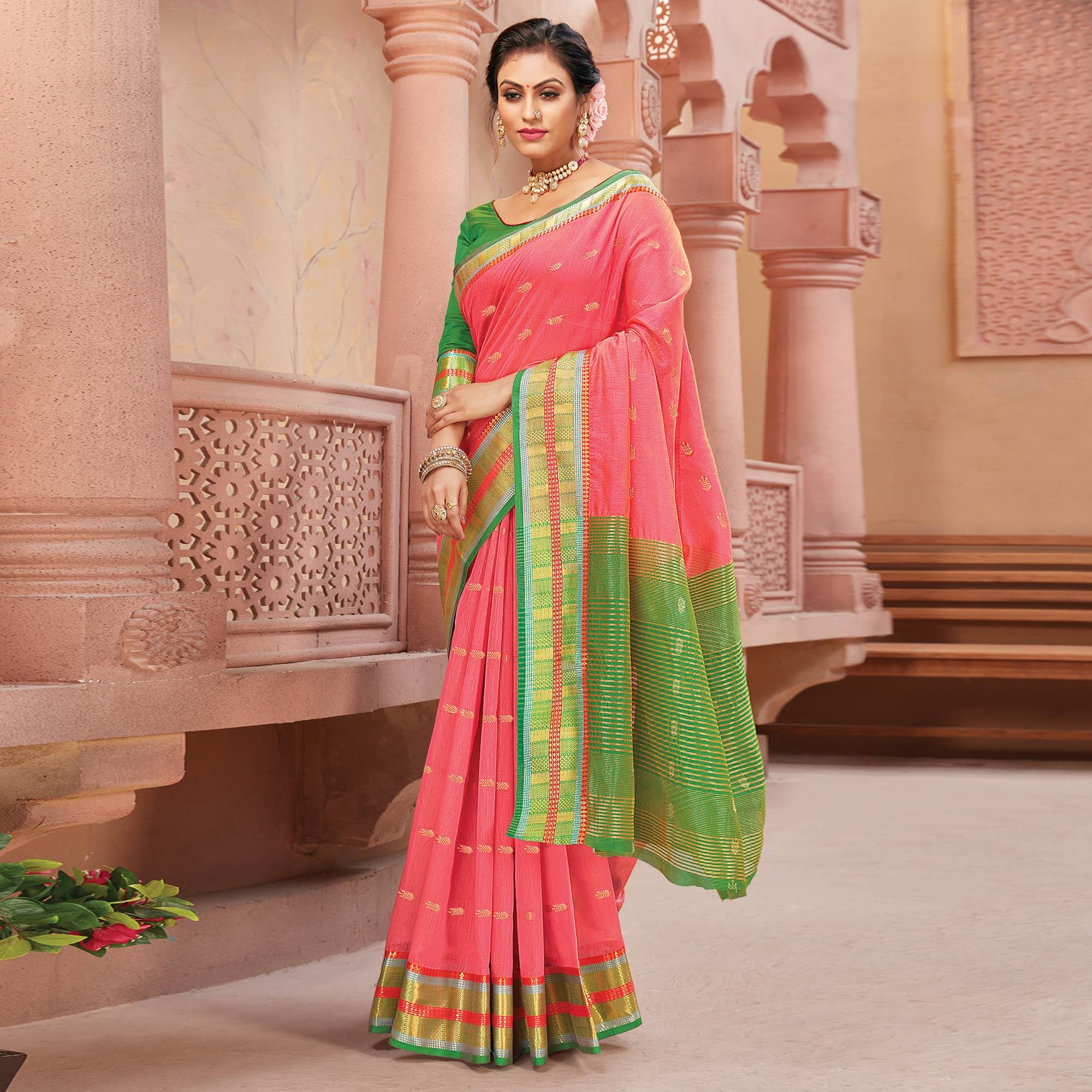 Peach Festive Wear Woven Handloom Silk Saree - Peachmode