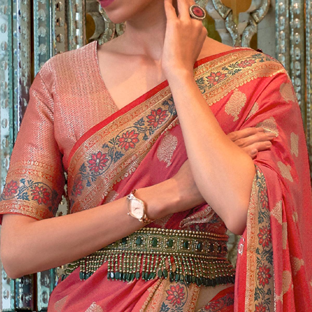Peach Festive Wear Woven Handloom Silk Saree - Peachmode