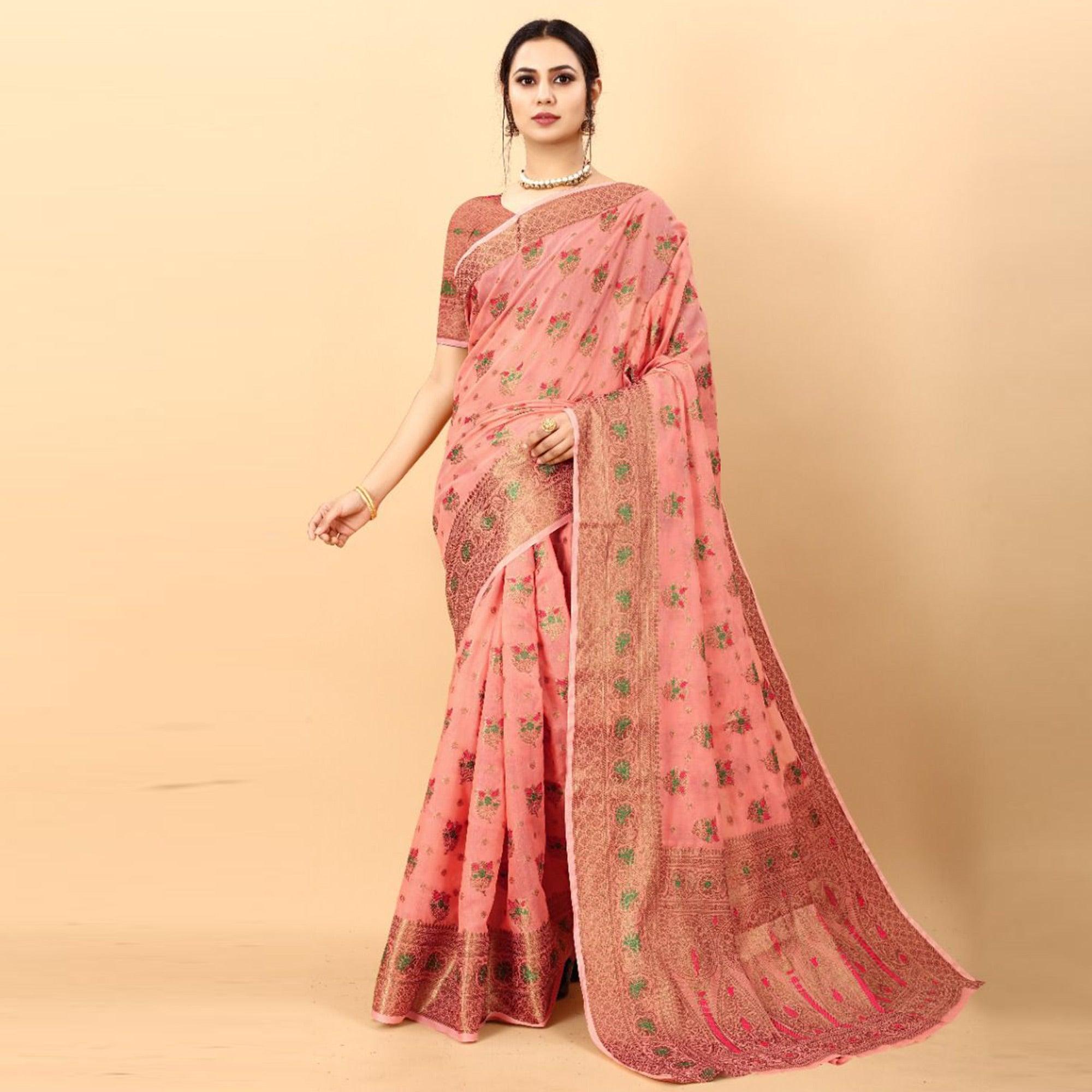 Peach Festive Wear Woven Heavy Cotton Saree - Peachmode