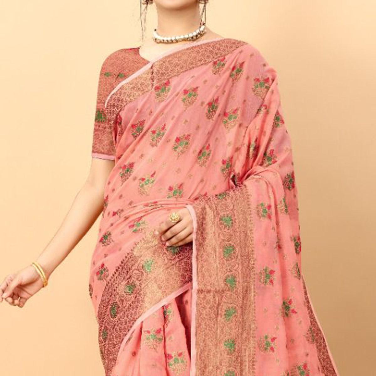 Peach Festive Wear Woven Heavy Cotton Saree - Peachmode