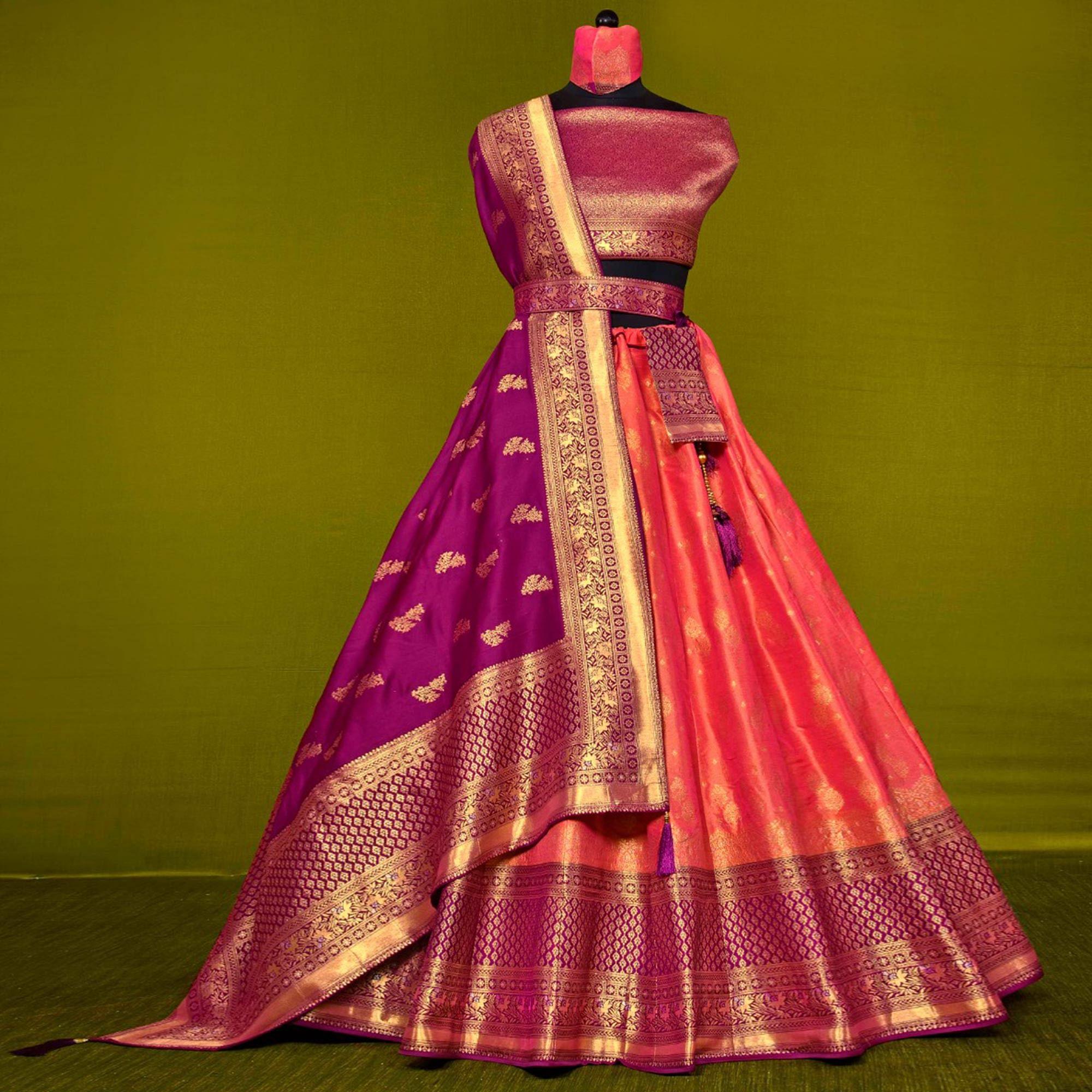 Peach Festive Wear Woven Jacquard Lehenga Choli - Peachmode