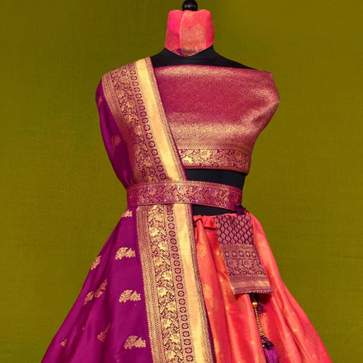 Peach Festive Wear Woven Jacquard Lehenga Choli - Peachmode