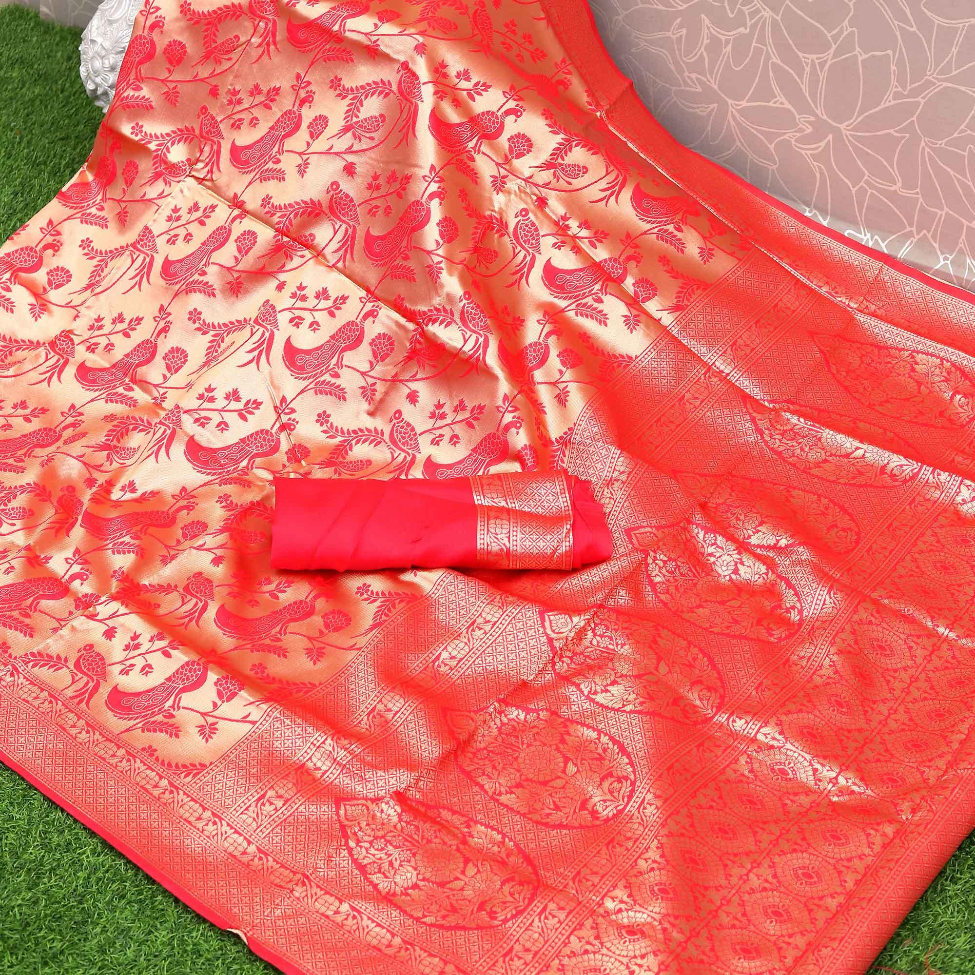 Peach Festive Wear Woven Kota Litchi Banarasi Art Silk Saree - Peachmode