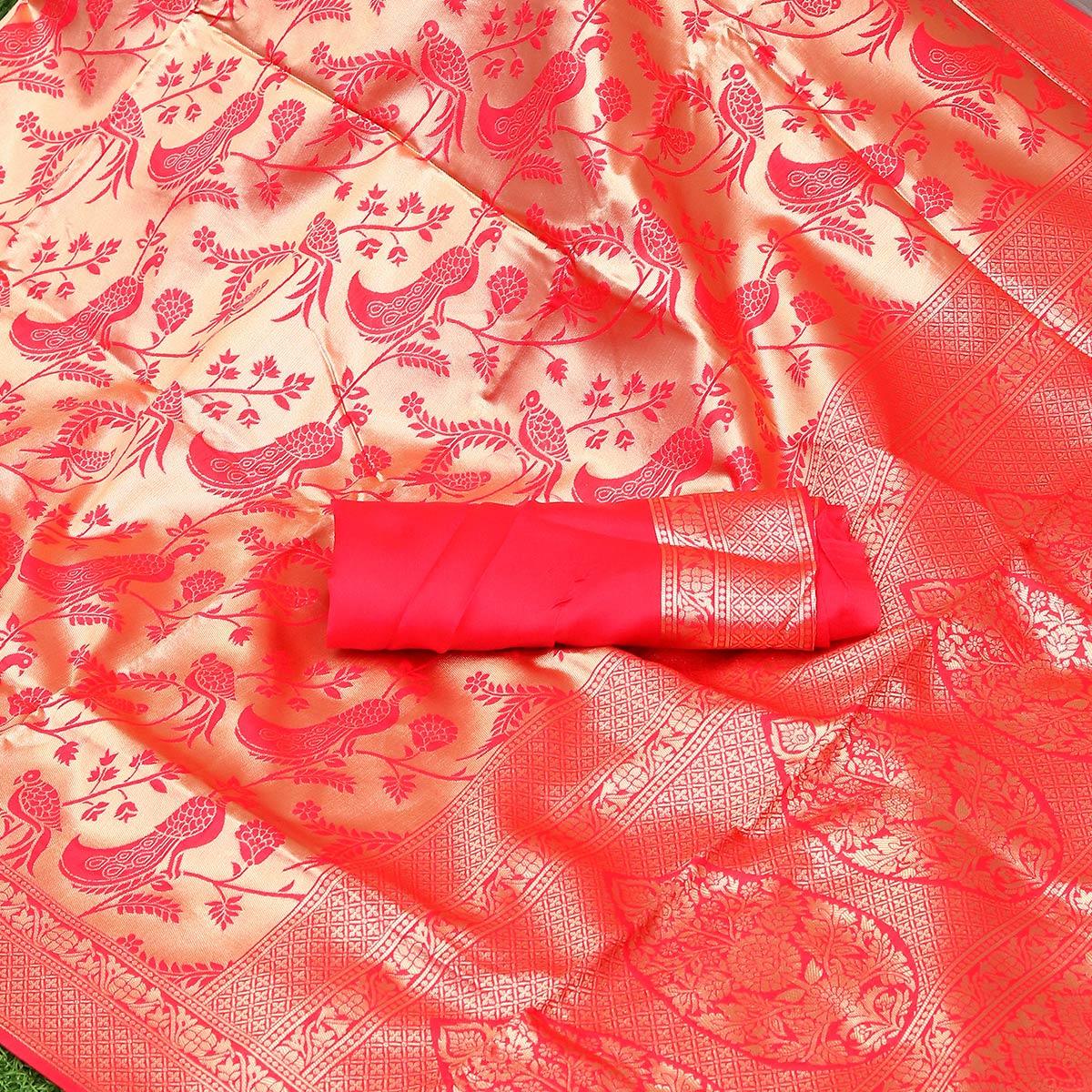 Peach Festive Wear Woven Kota Litchi Banarasi Art Silk Saree - Peachmode