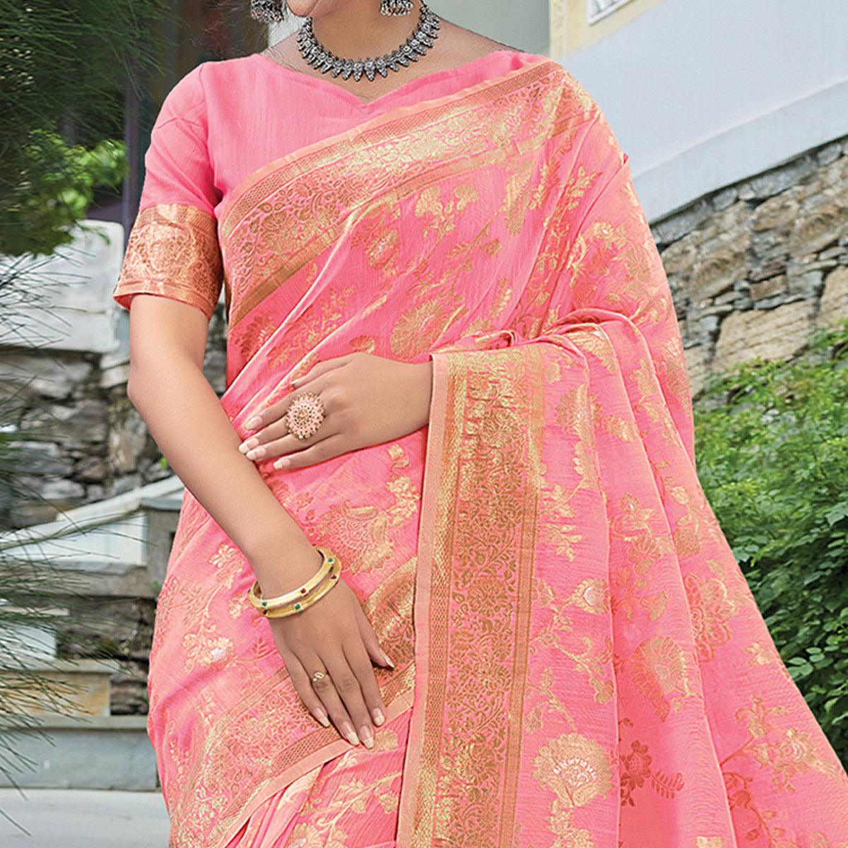 Peach Festive Wear Woven Linen Saree - Peachmode
