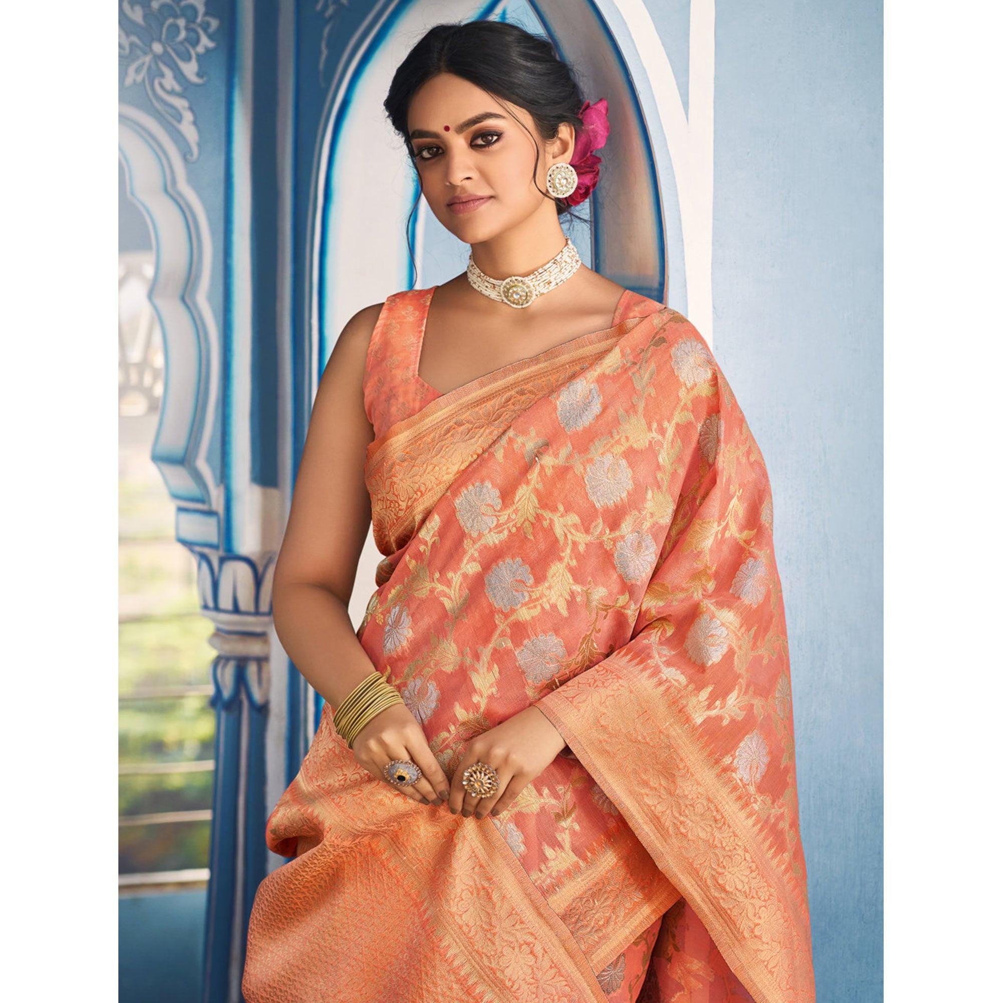 Peach Festive Wear Woven Linen Saree - Peachmode