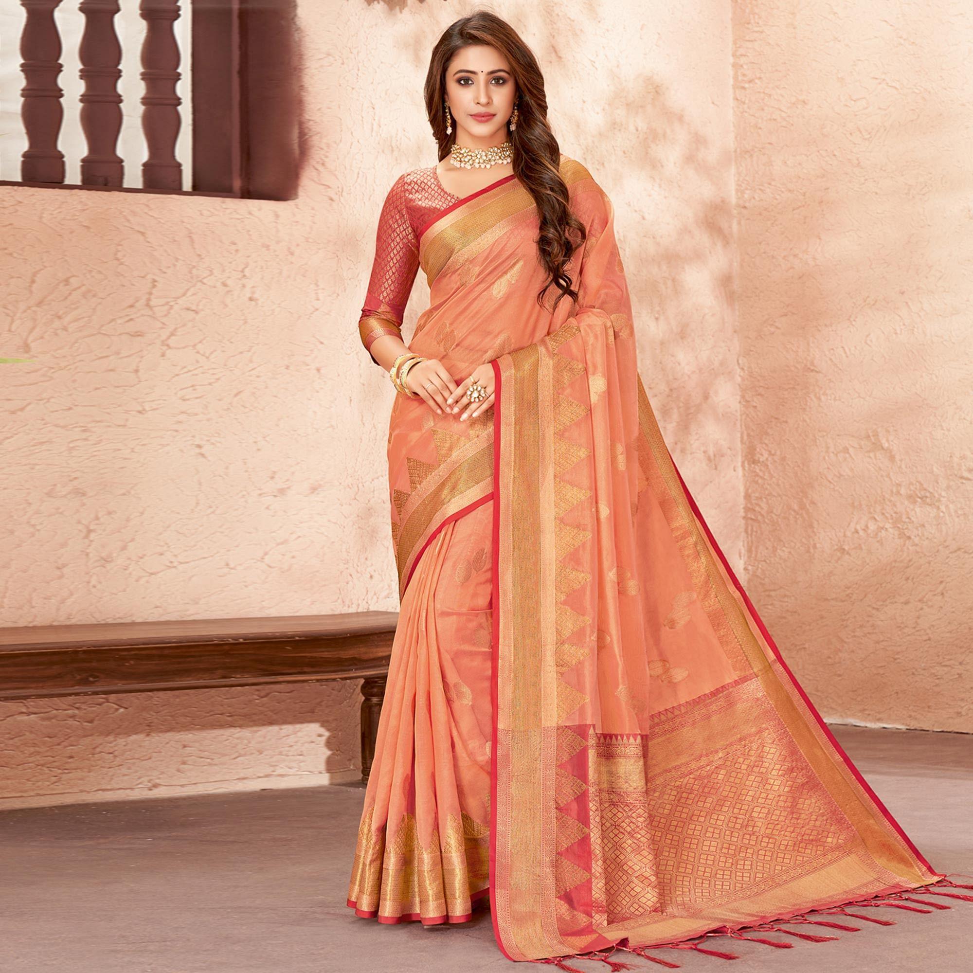 Peach Festive Wear Woven Organza Saree - Peachmode