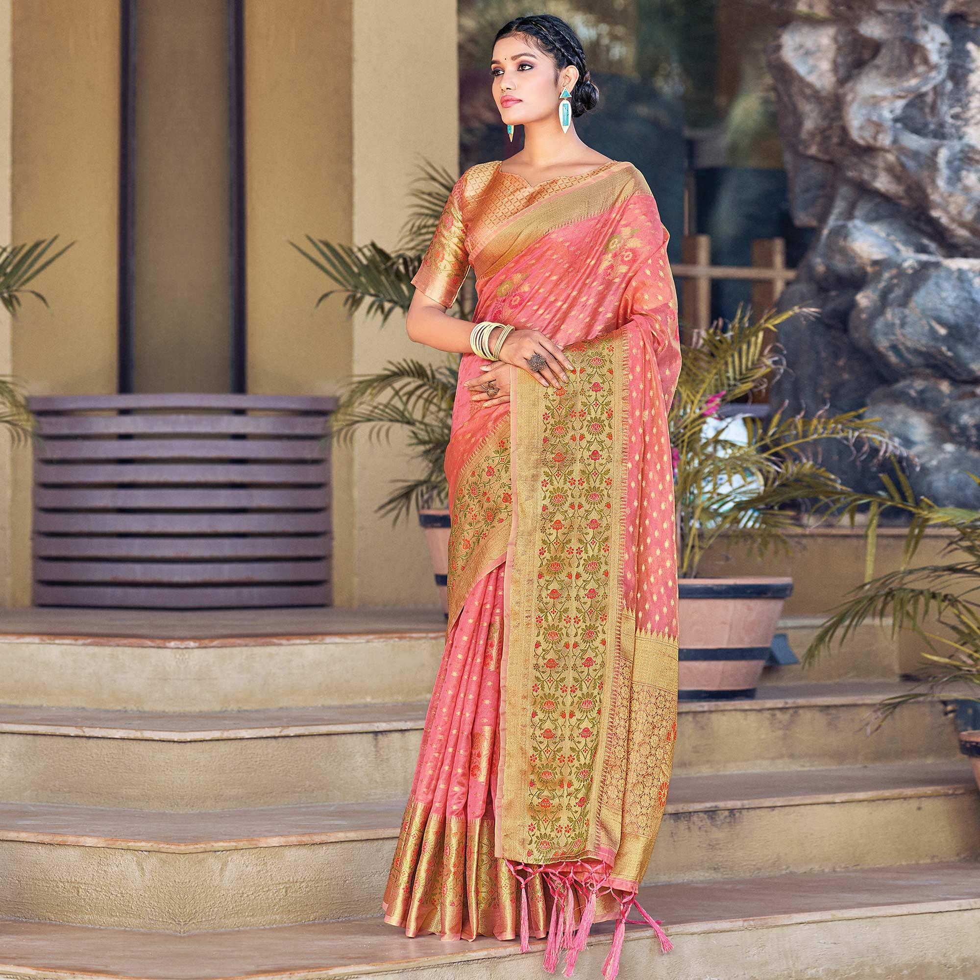 Peach Festive Wear Woven Organza Saree - Peachmode