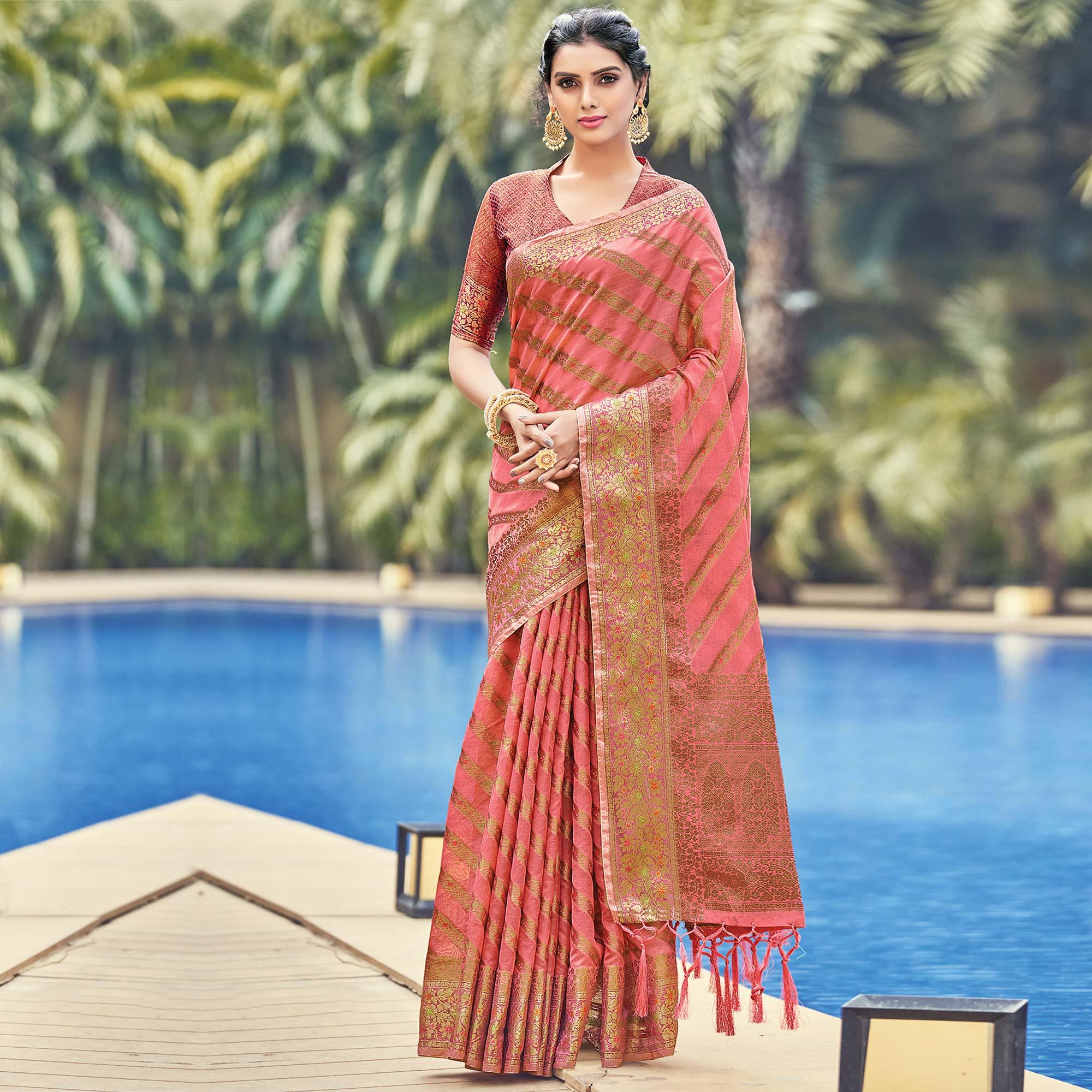 Peach Festive Wear Woven Organza Saree - Peachmode