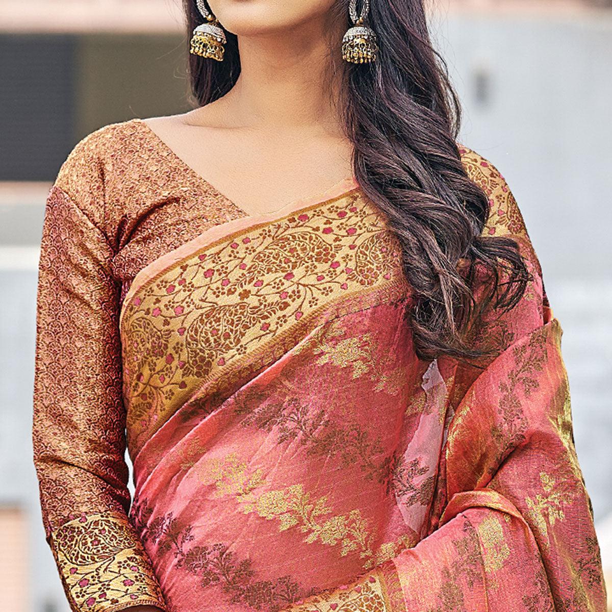 Peach Festive Wear Woven Organza Saree - Peachmode