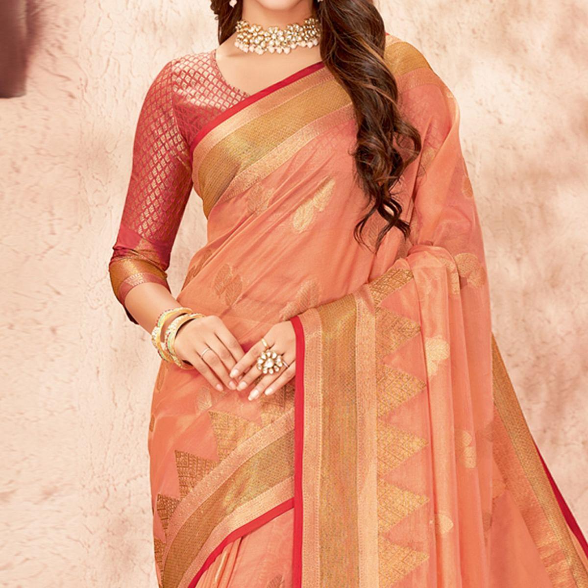 Peach Festive Wear Woven Organza Saree - Peachmode