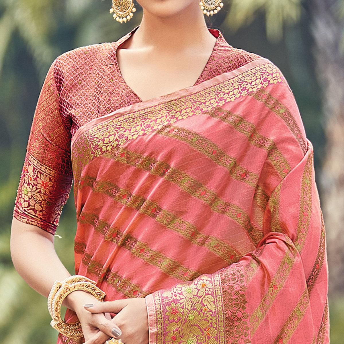 Peach Festive Wear Woven Organza Saree - Peachmode