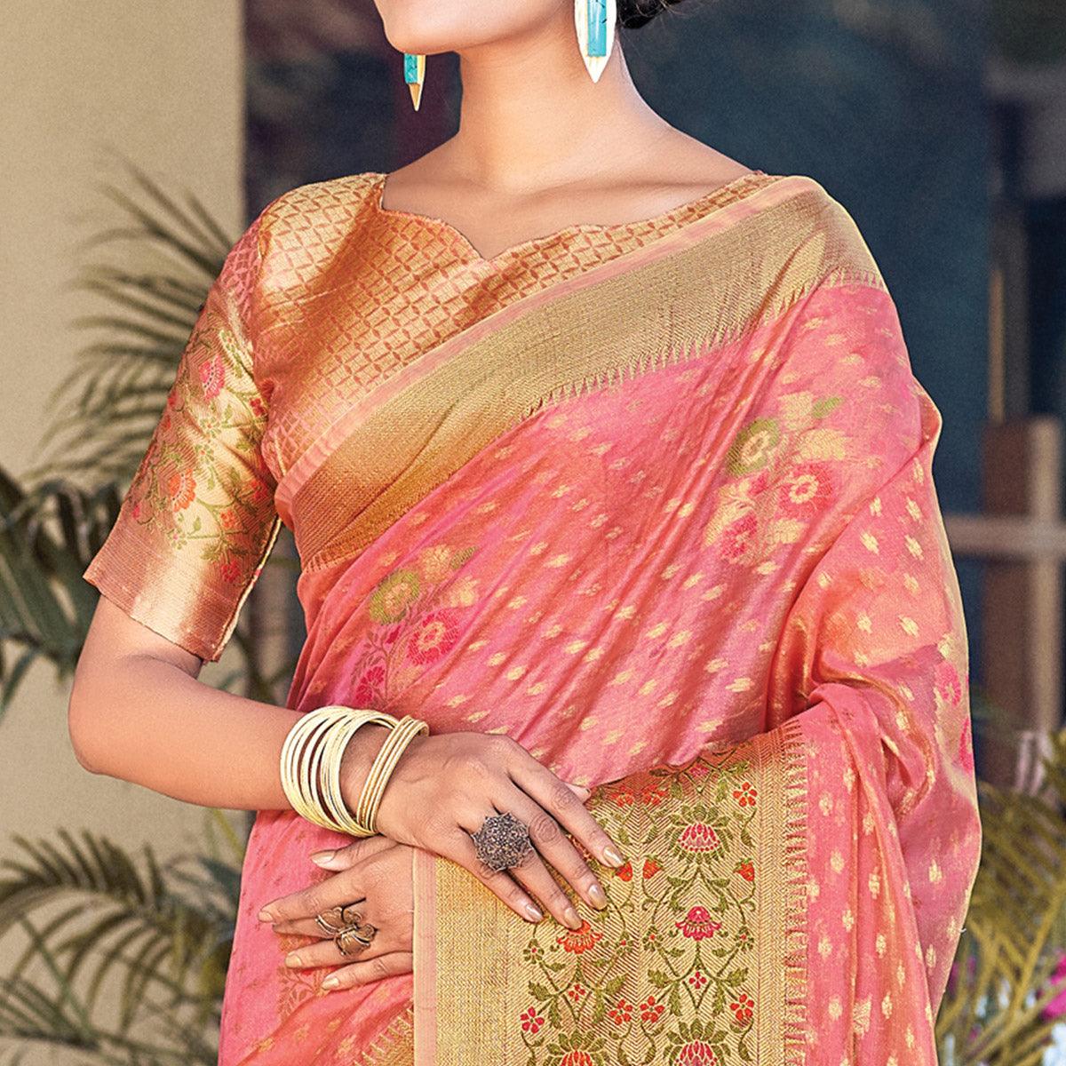 Peach Festive Wear Woven Organza Saree - Peachmode