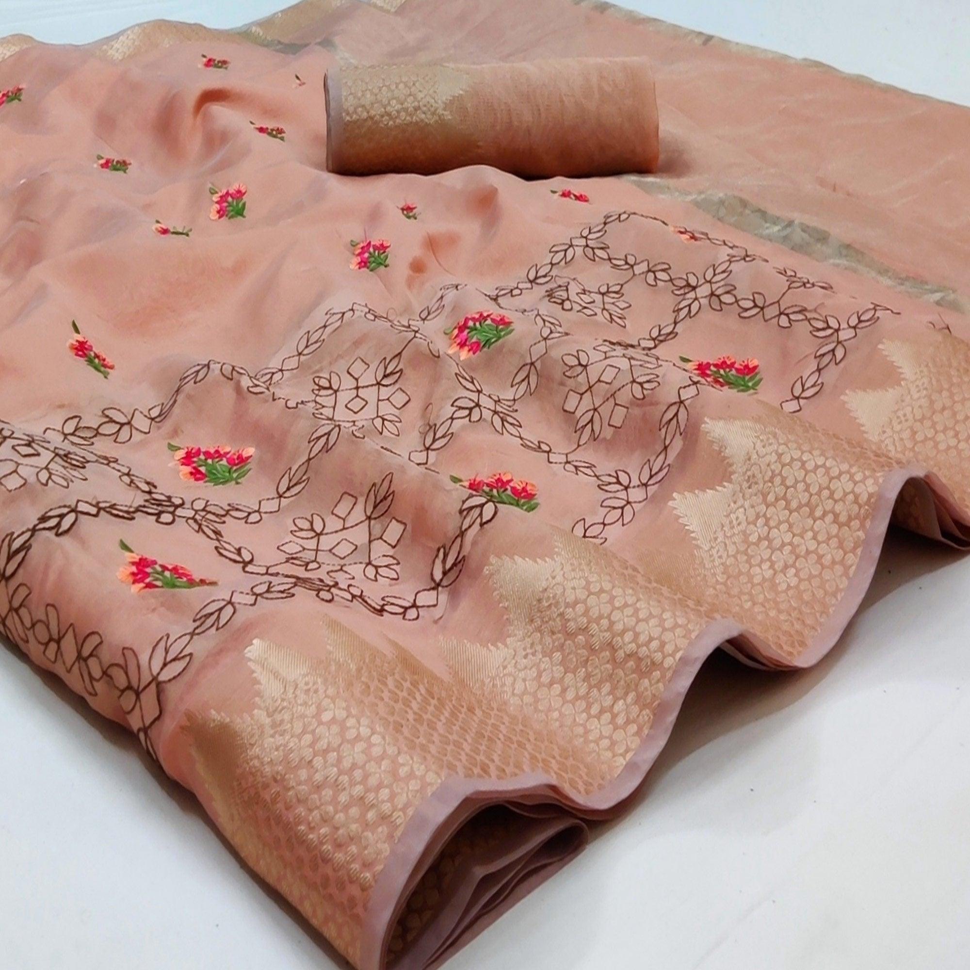 Peach Festive Wear Woven Organza Saree With Floral Embroidery Butta Work - Peachmode