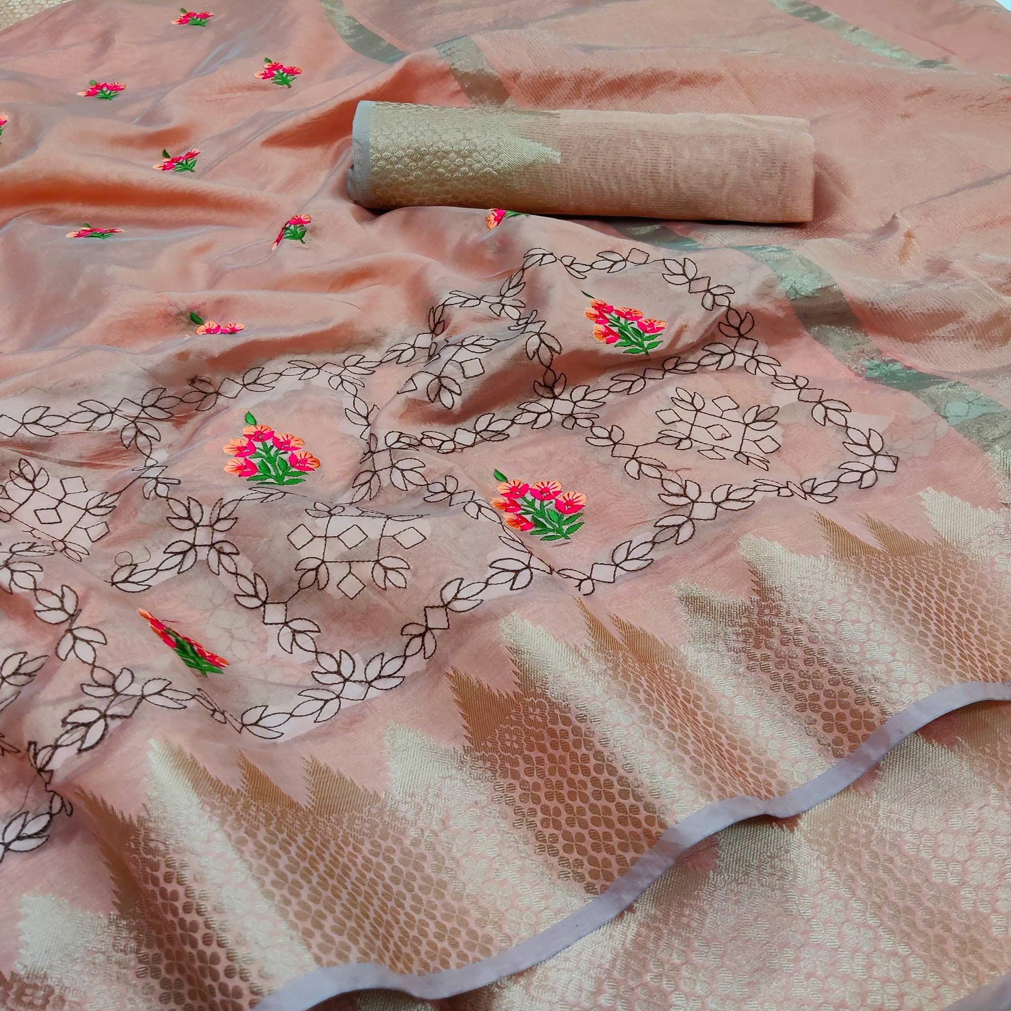 Peach Festive Wear Woven Organza Saree With Floral Embroidery Butta Work - Peachmode