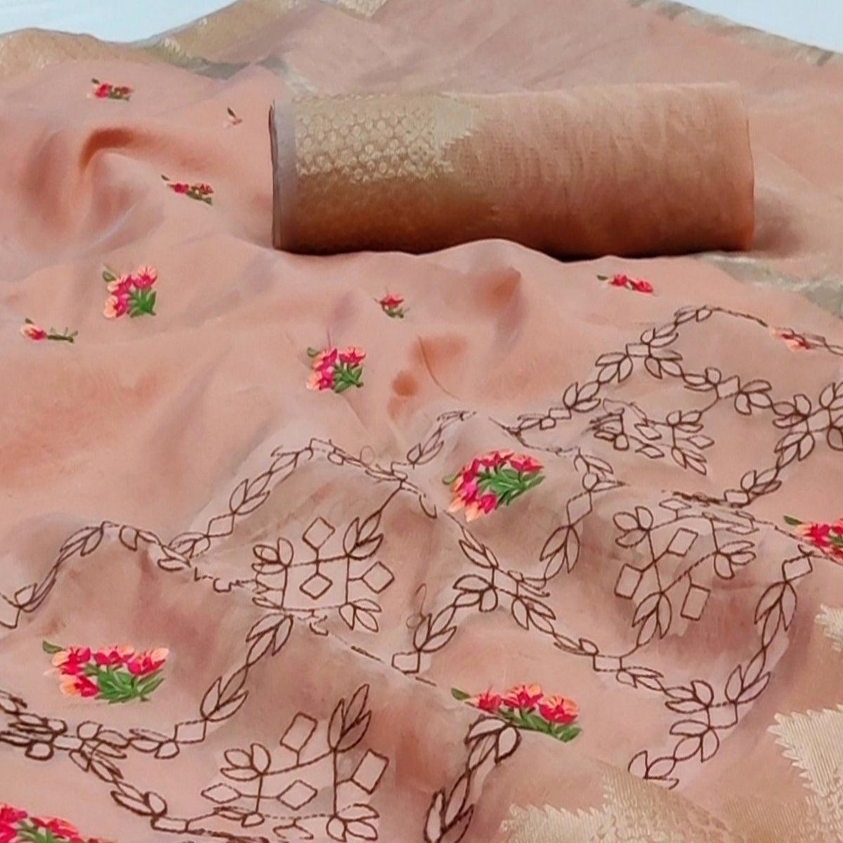 Peach Festive Wear Woven Organza Saree With Floral Embroidery Butta Work - Peachmode