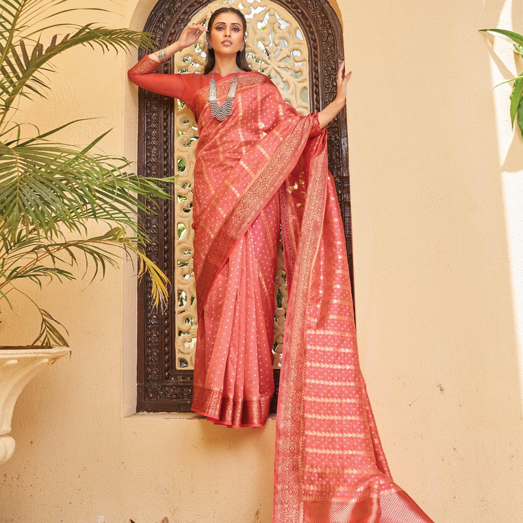 Peach Festive Wear Woven Organza Saree With Tassels - Peachmode