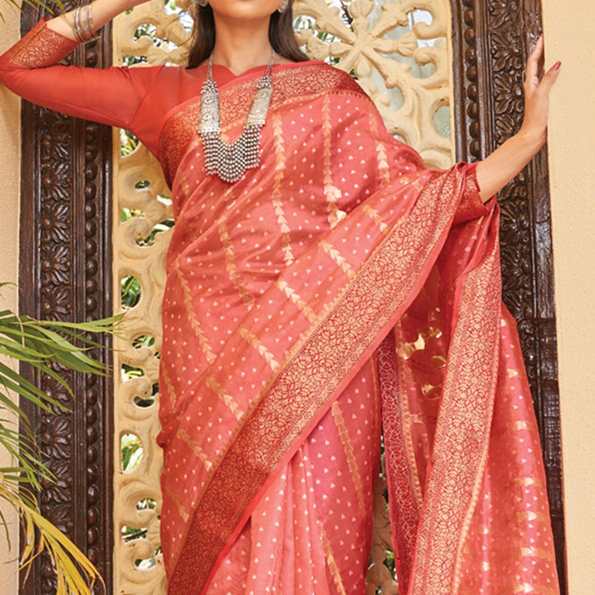 Peach Festive Wear Woven Organza Saree With Tassels - Peachmode