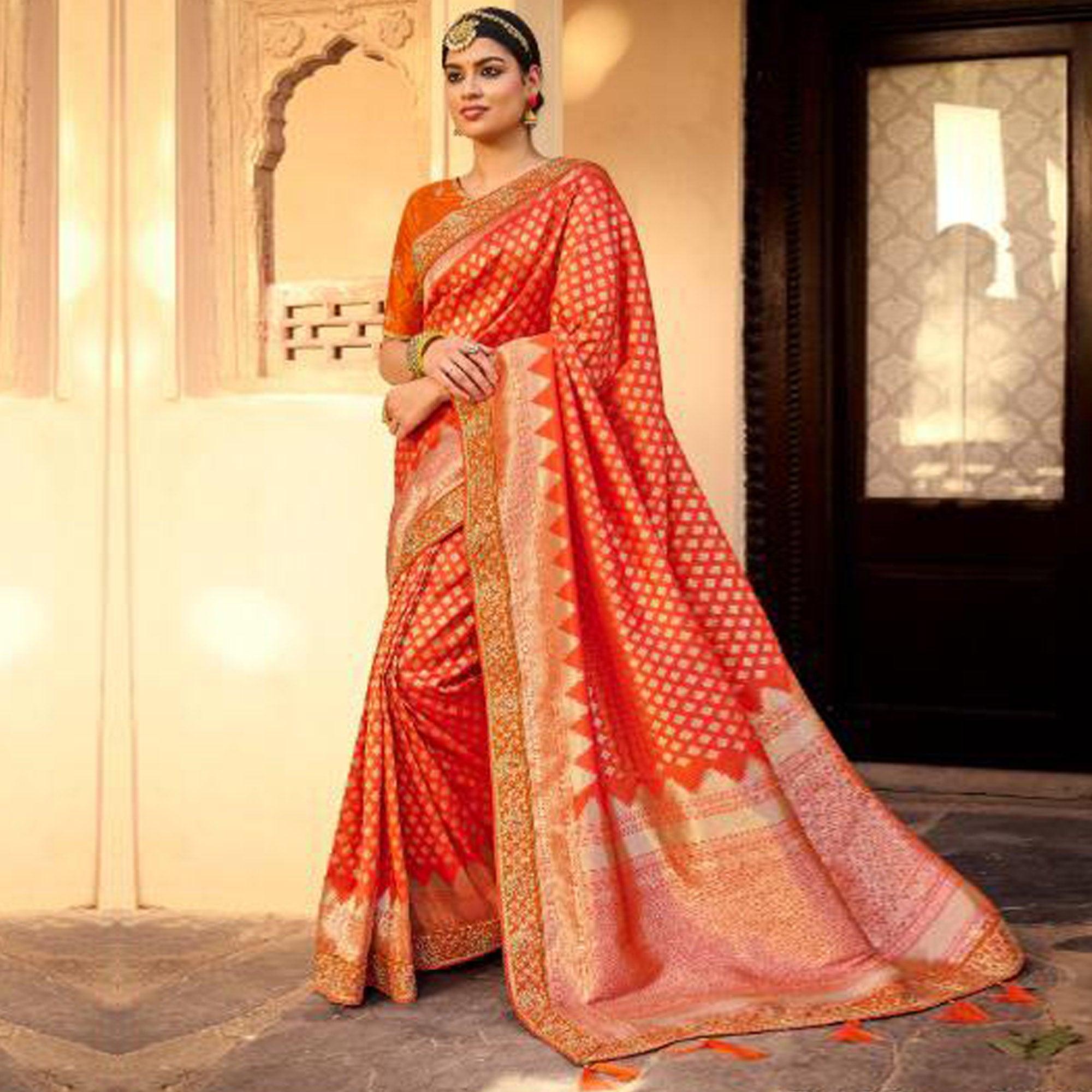 Peach Festive Wear Woven Poly Silk Saree - Peachmode