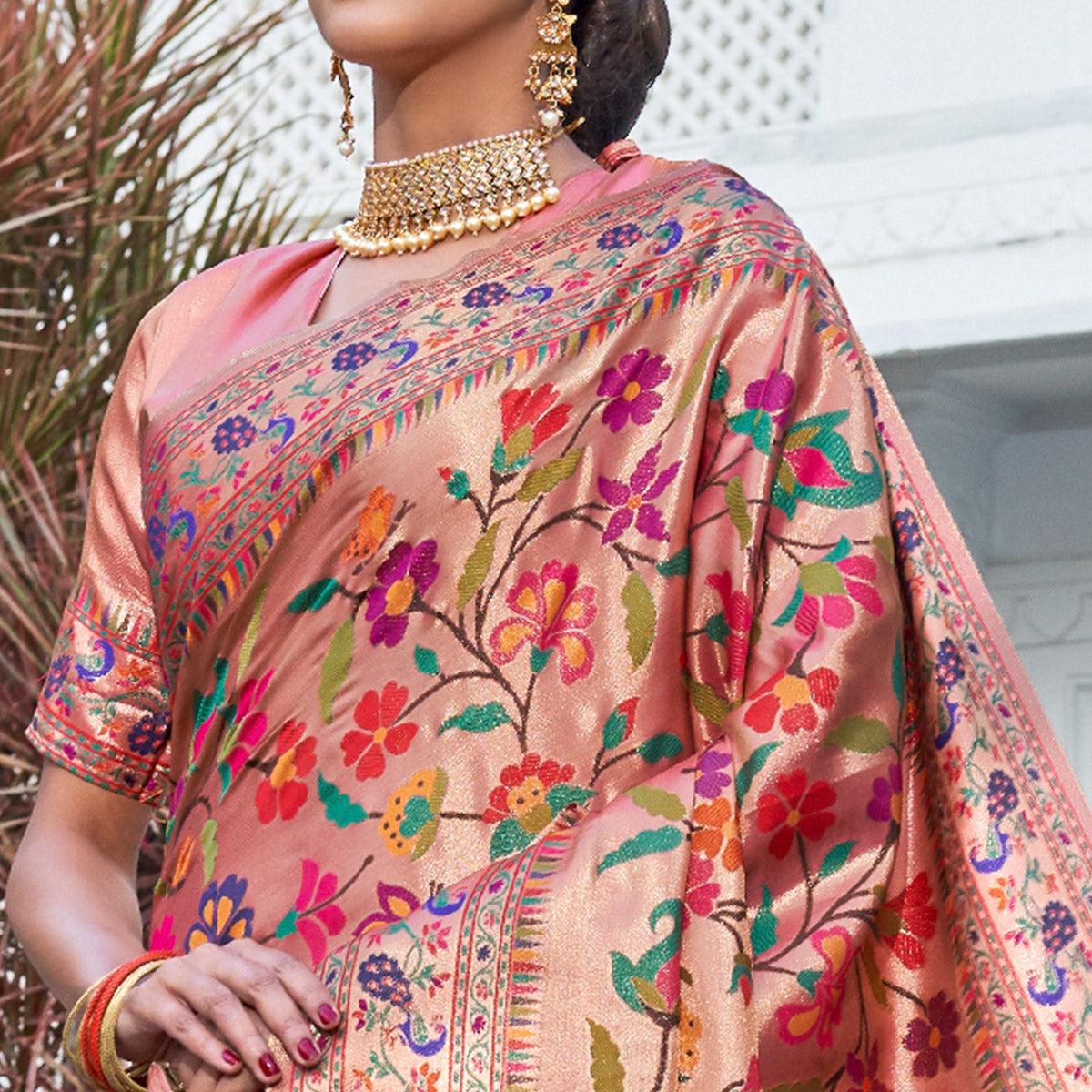 Peach Festive Wear Woven Pure Paithani Silk Saree - Peachmode